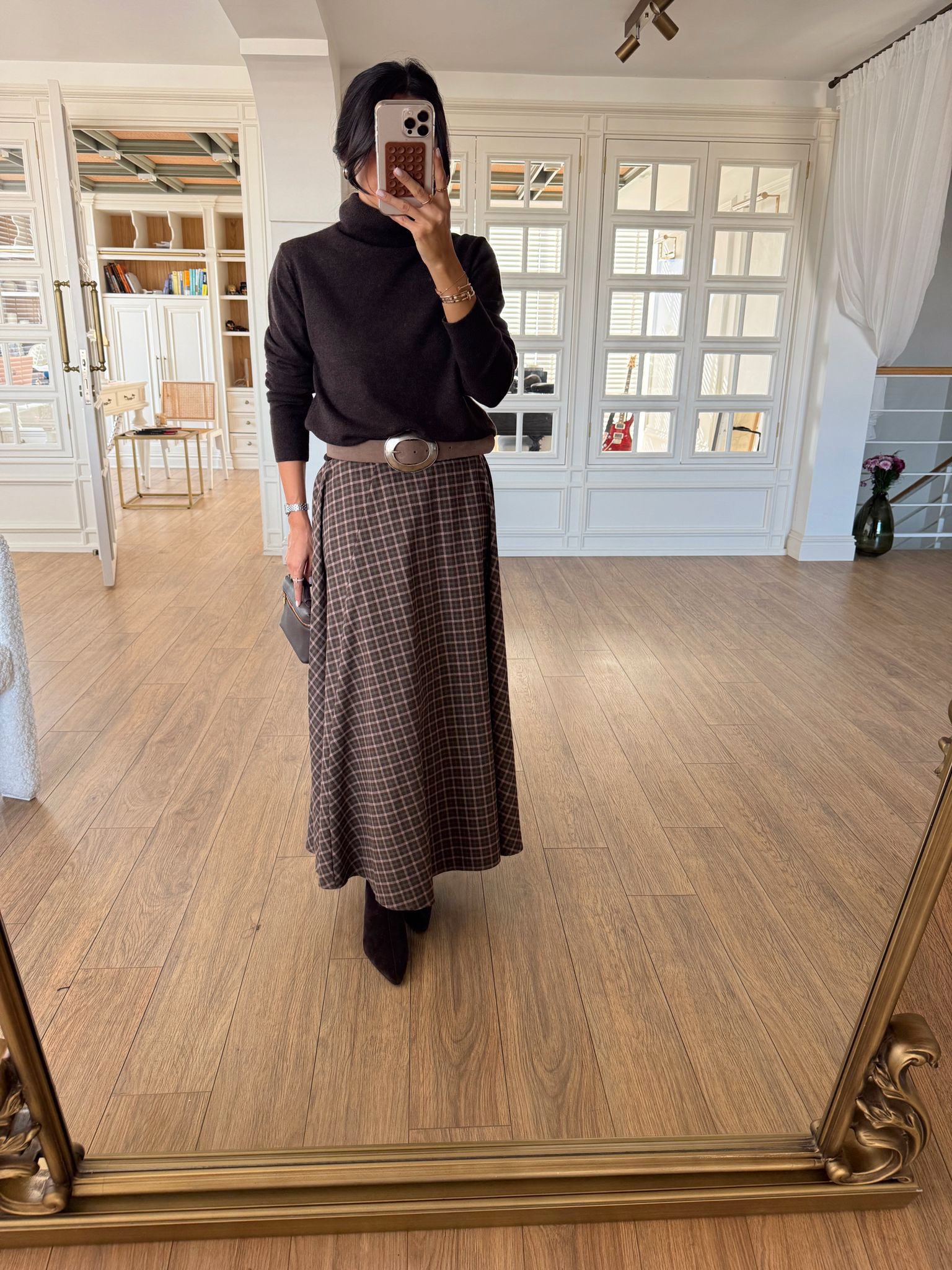 Kontiz Bel Biye Detaylı Ekoseli Midi Boy Etek