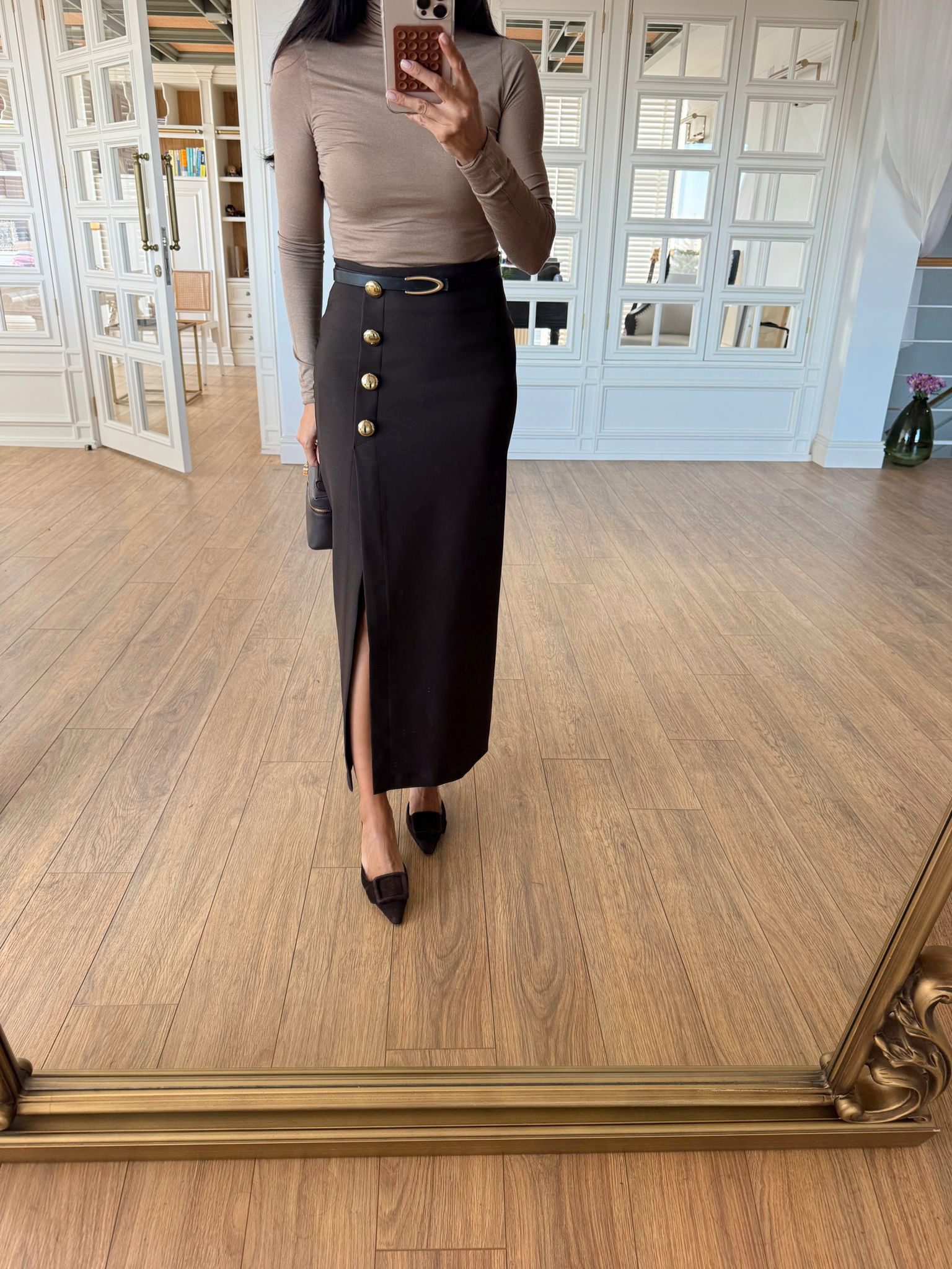 Napolina More Gold Düğmeli Yan Yırtmaçlı Kalem Etek - Kahve, 36