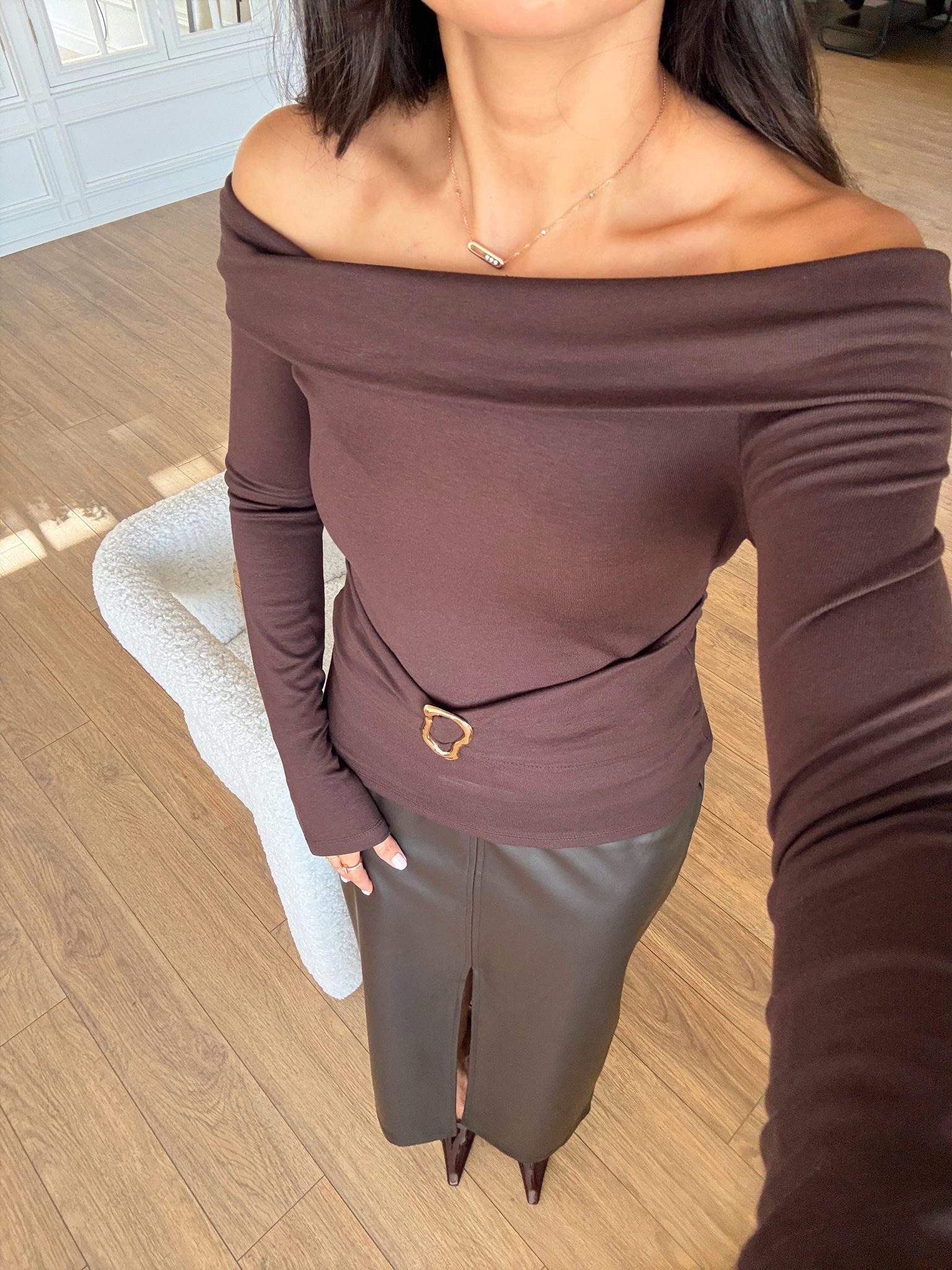 Bobs Bel Toka Aksesuarlı Kayık Yaka Bluz - Kahve, 36