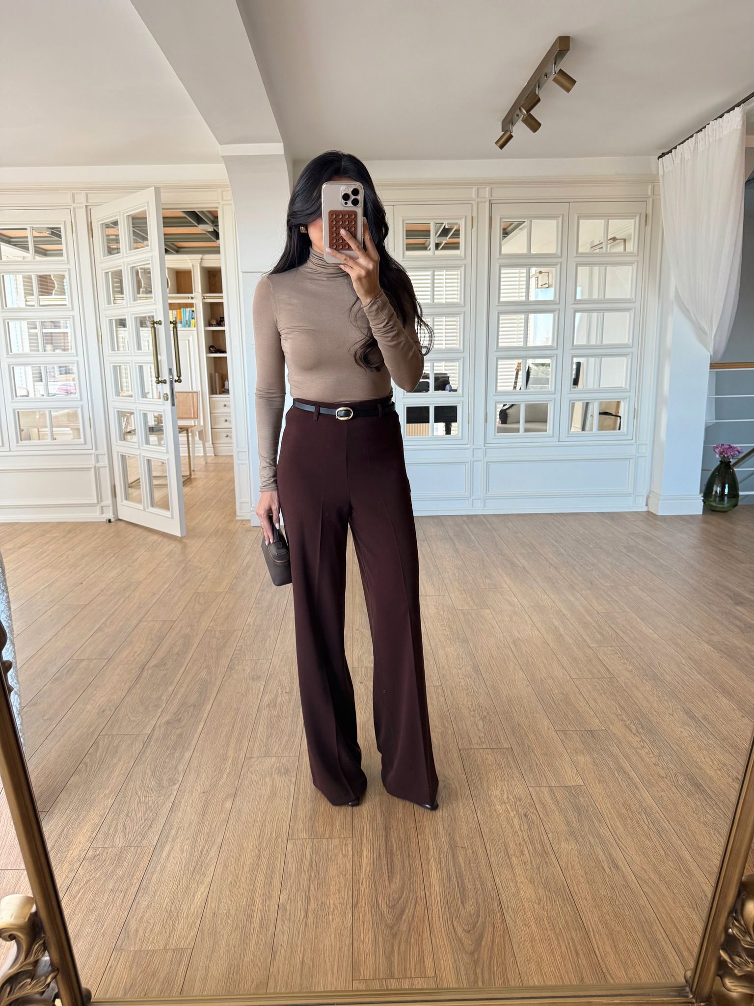 Merolin Kemerli Yan Fermuarlı Geniş Paça Pantolon - Kahve, 34