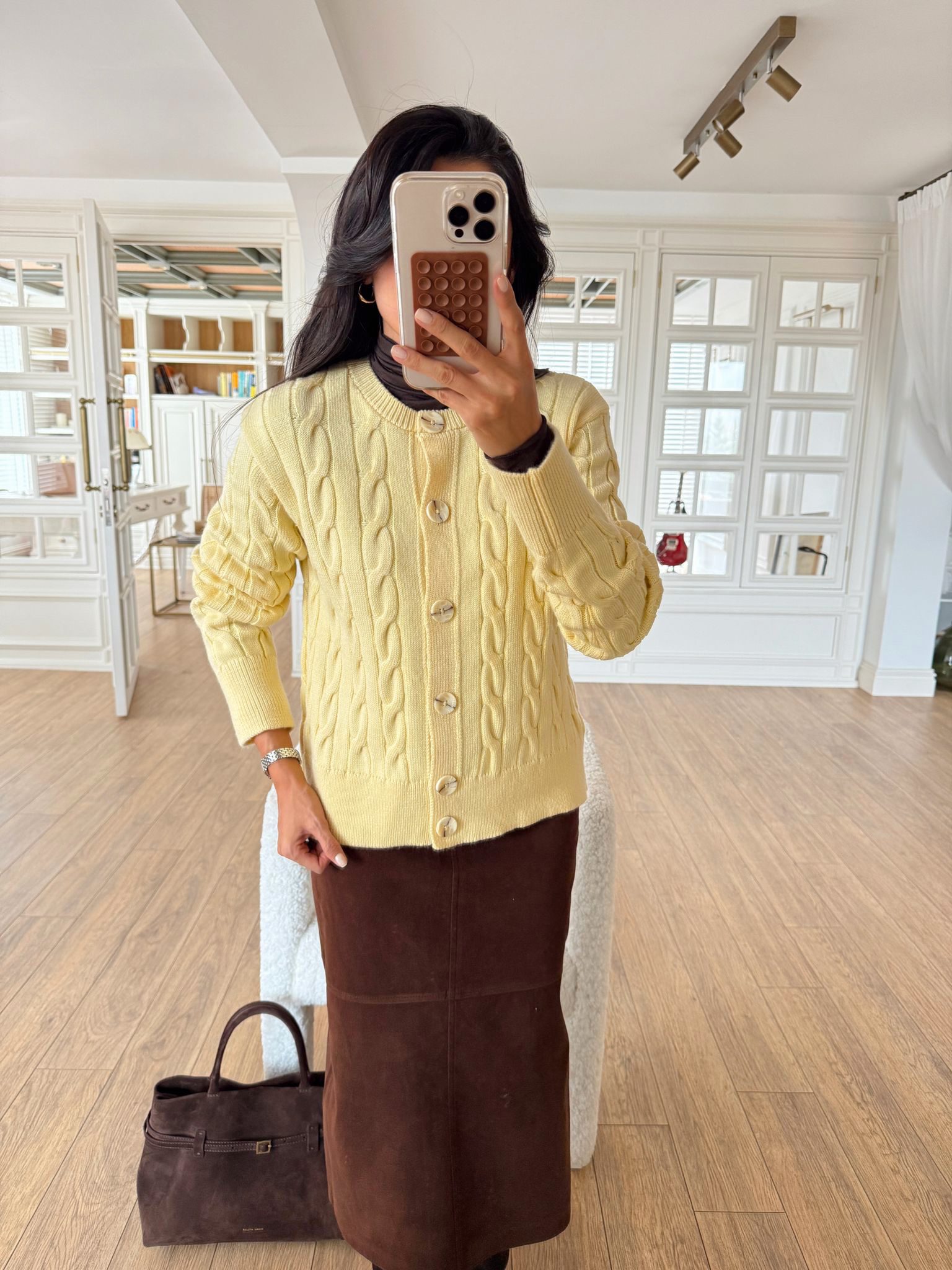 Vanessa Beş Düğmeli Saç Örgü Triko Hırka - Sarı, Standart