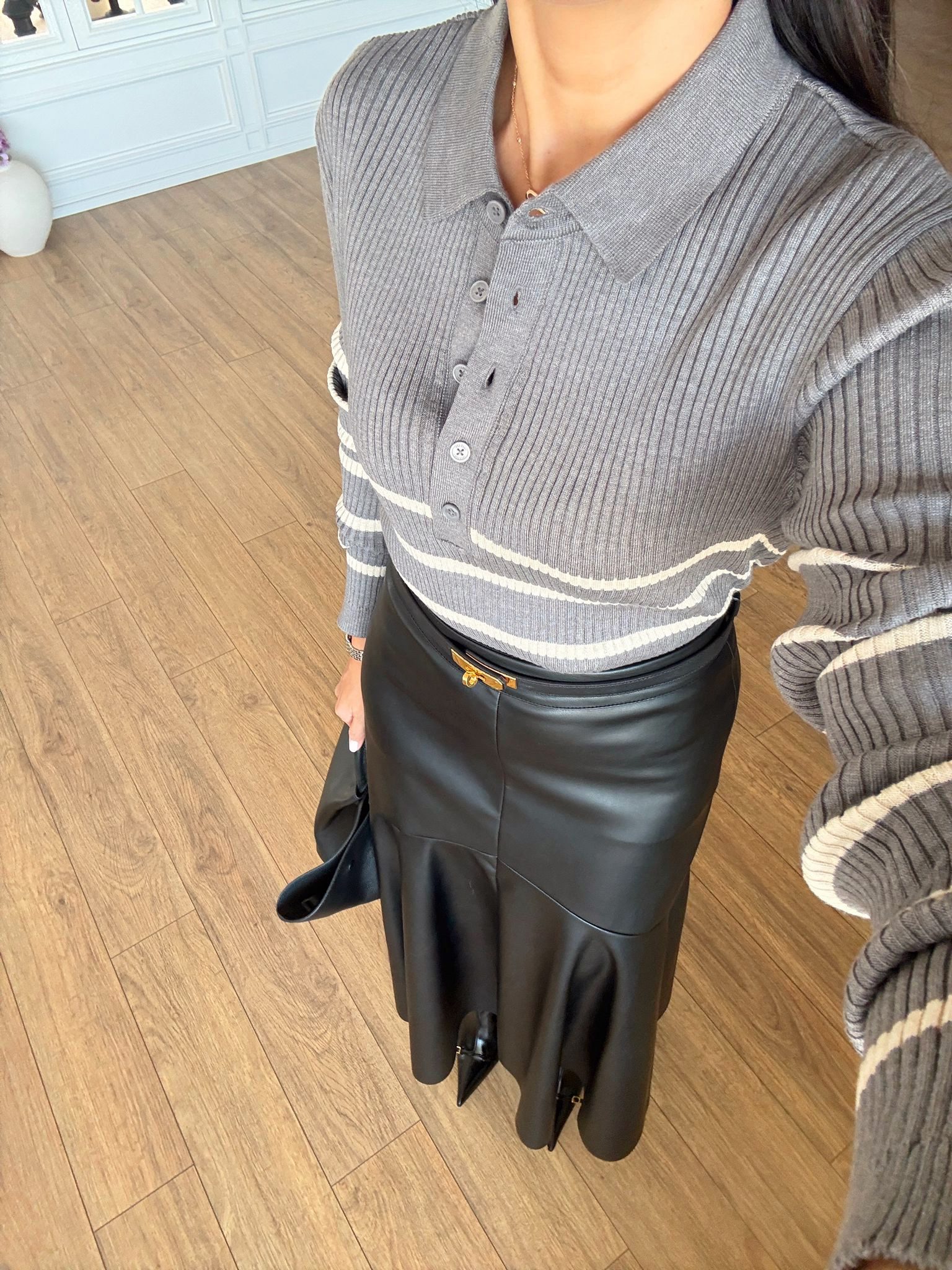 Triton Yarım Düğmeli Çizgili Fitilli Polo Yaka Triko - Gri, Standart