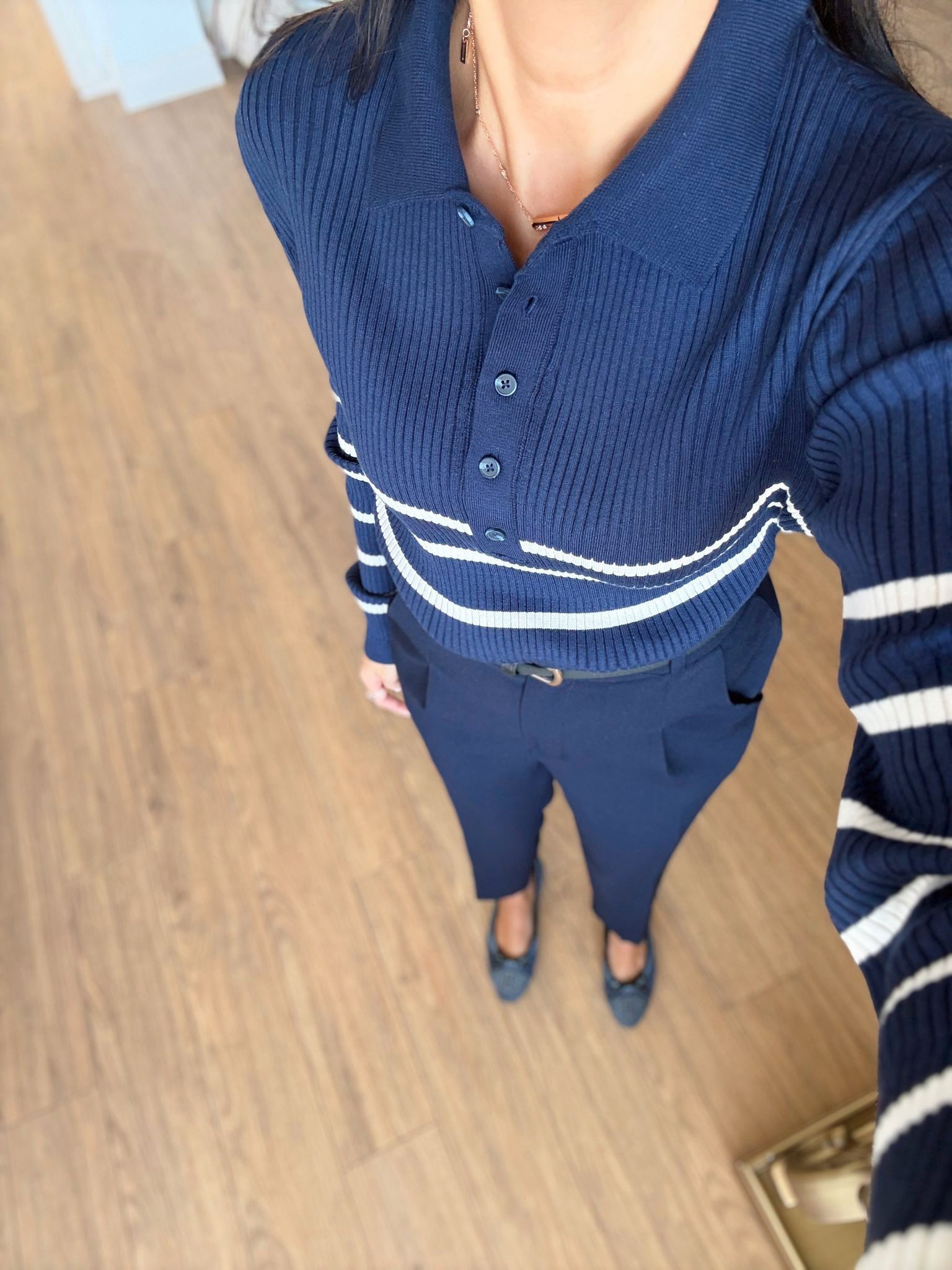 Triton Yarım Düğmeli Çizgili Fitilli Polo Yaka Triko - Lacivert, Standart