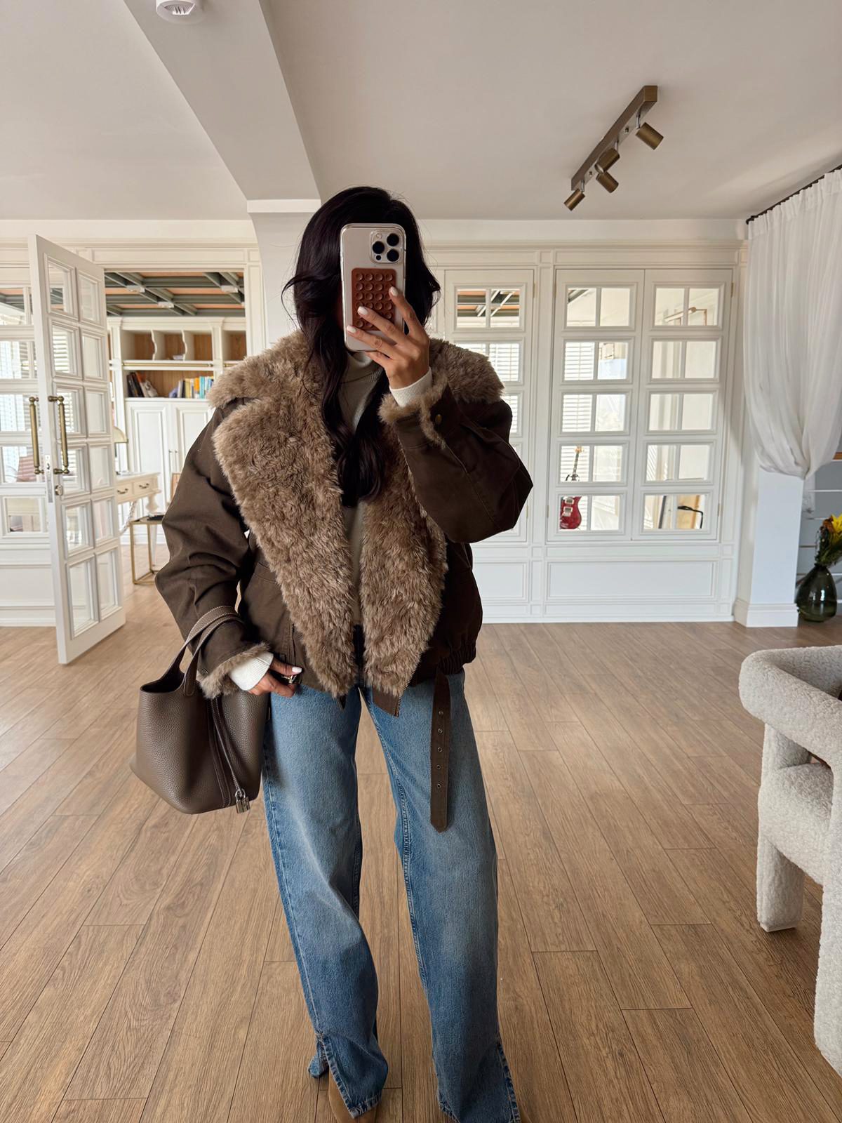 Özel Seri Yan Fermuarlı Bel Lastikli Süs Kemerli İçi Kürklü Mont - Haki, Standart