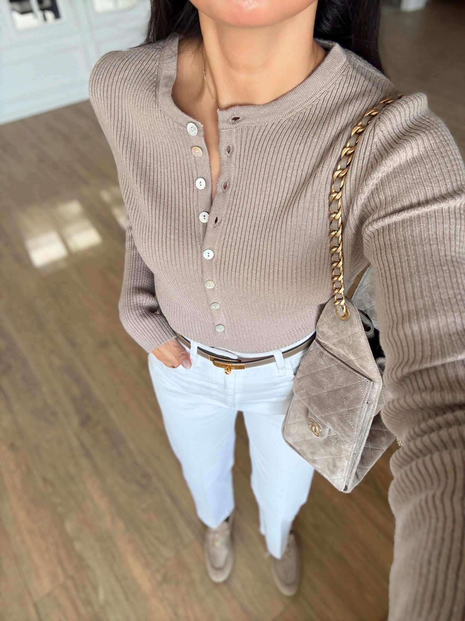 Stan Sedef Düğmeli Bisiklet Yaka Yünlü Triko - Koyu Vizon, Standart