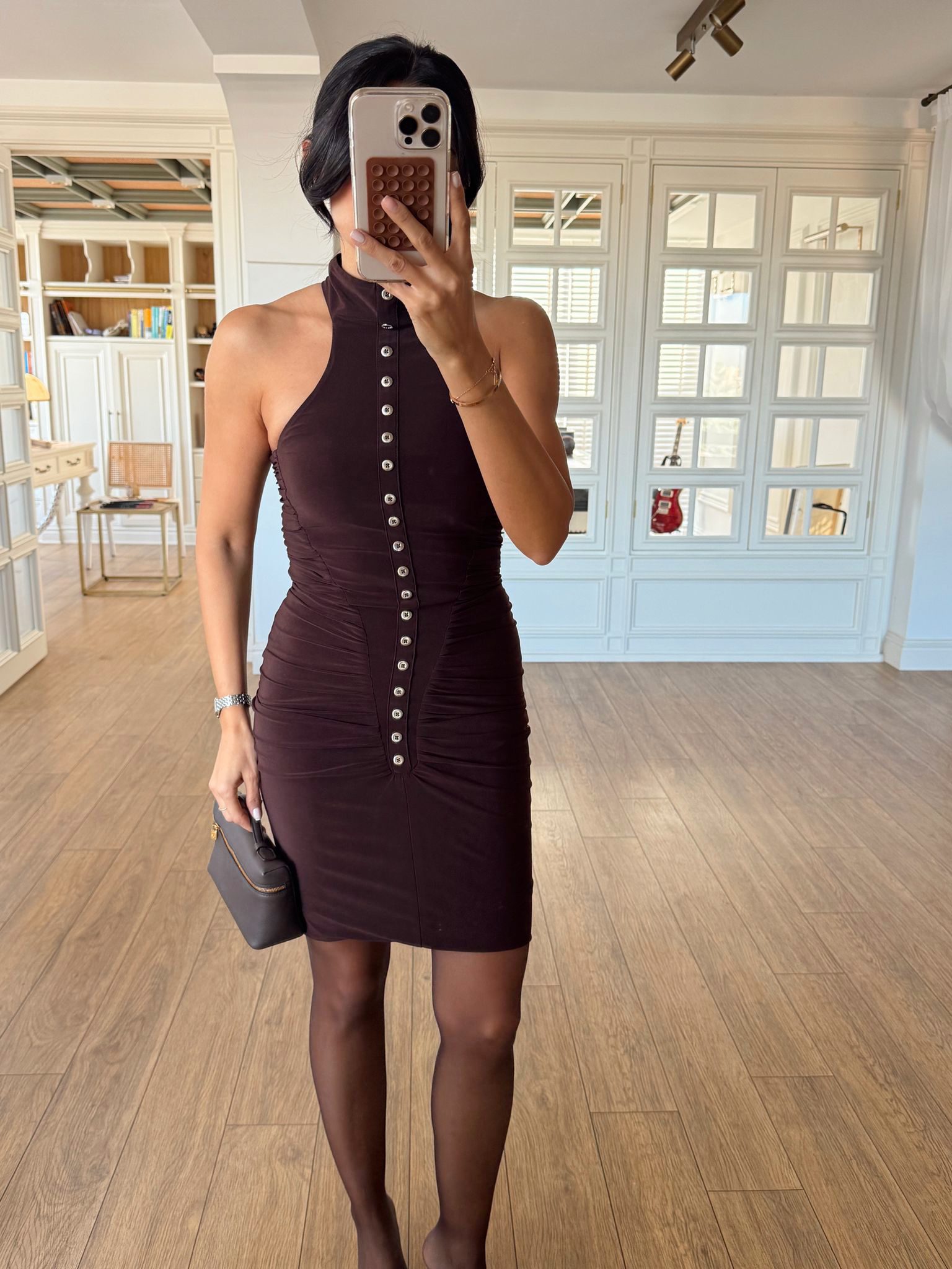 Düğme Detaylı Halter Yaka Drapeli Mini Elbise