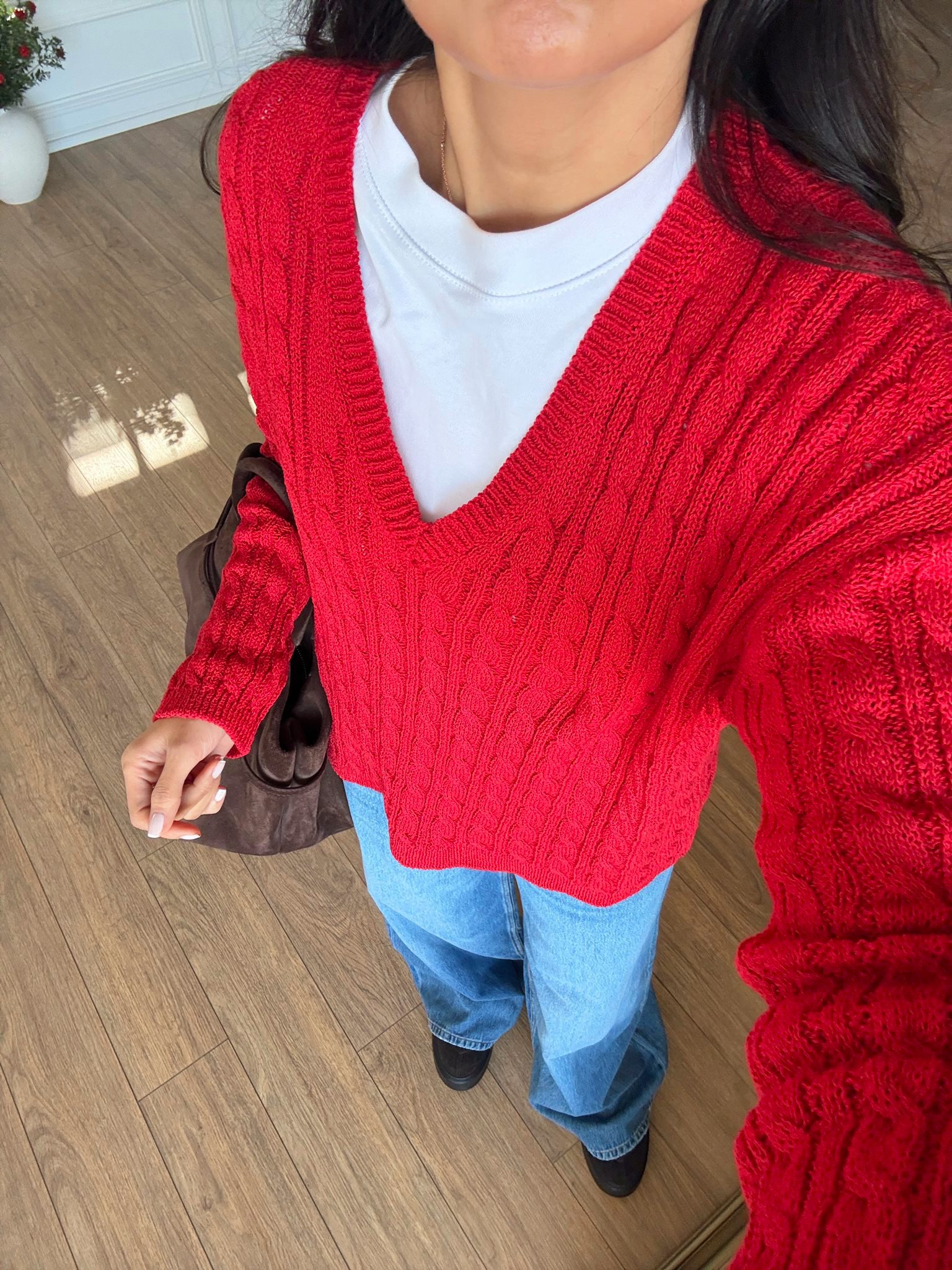 Bolga V Yaka Saç Örgü Detaylı Triko - Kırmızı, Standart