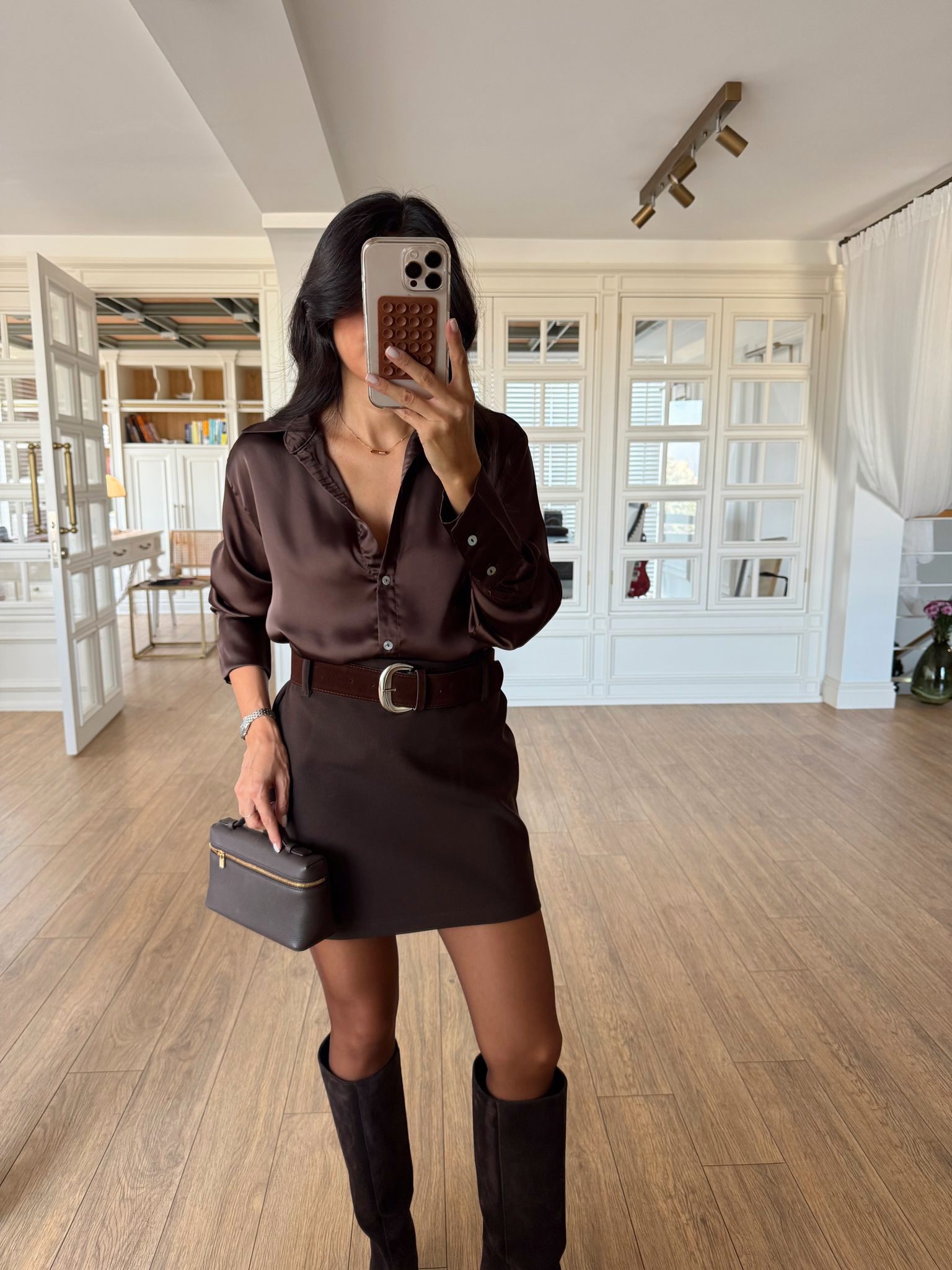 Stars Sedef Düğmeli Saten Gömlek - Acı Kahve, 34