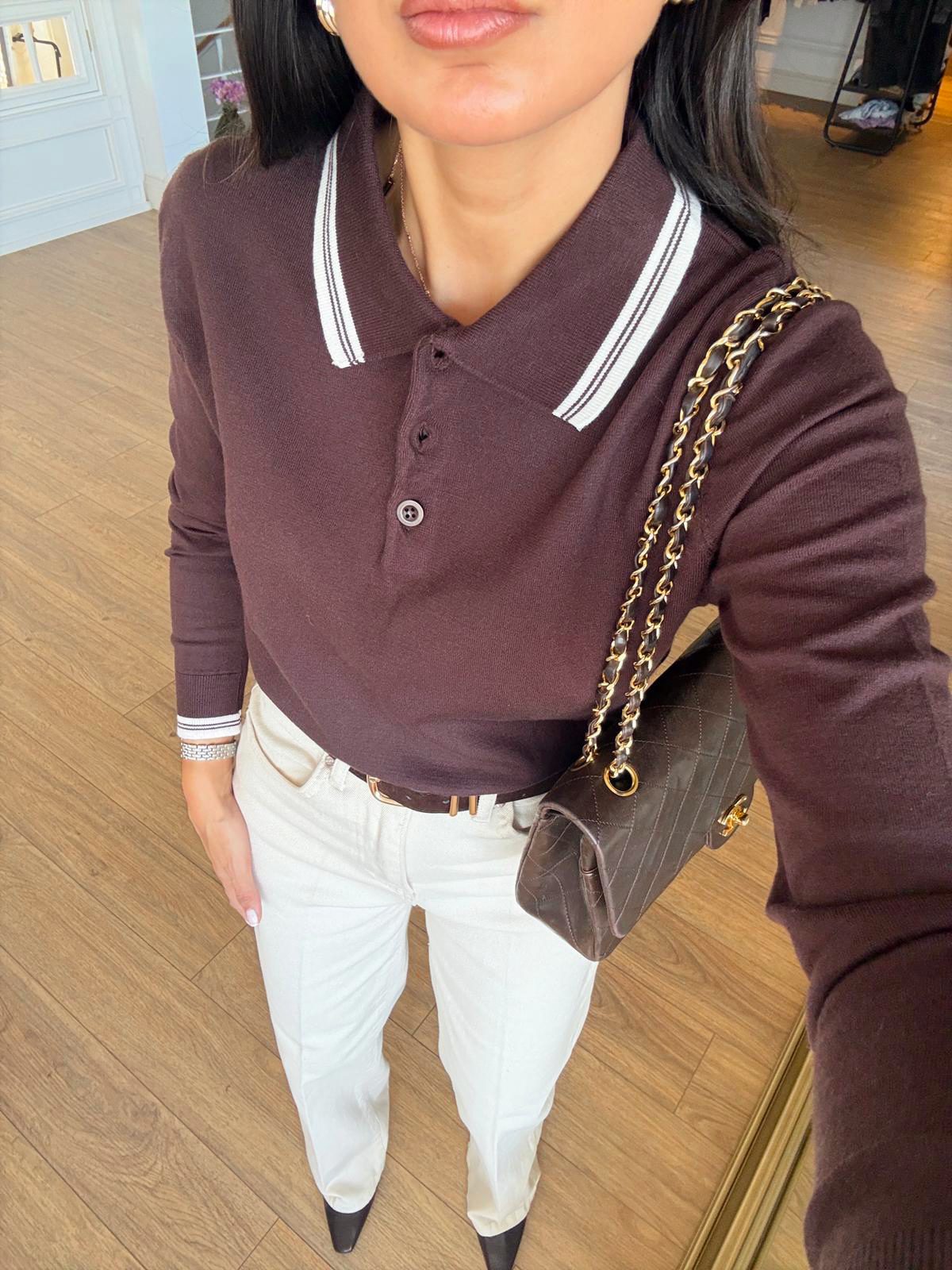 Yakası Biyeli Düğme Detaylı Triko - Kahve, Standart