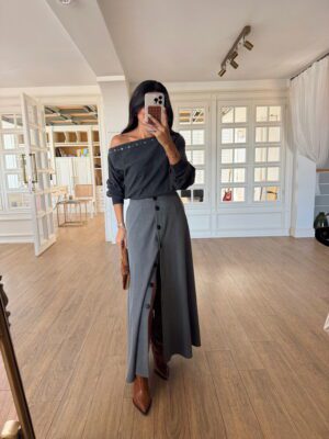 Jedi Önden Düğme Detaylı Maxi Boy Etek