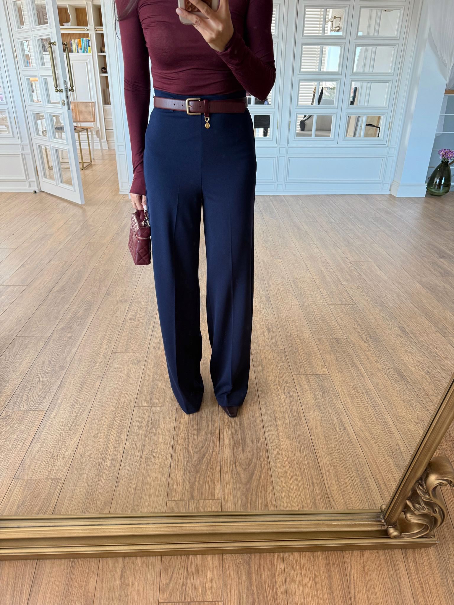 Merolin Kemerli Yan Fermuarlı Geniş Paça Pantolon - Lacivert, 34