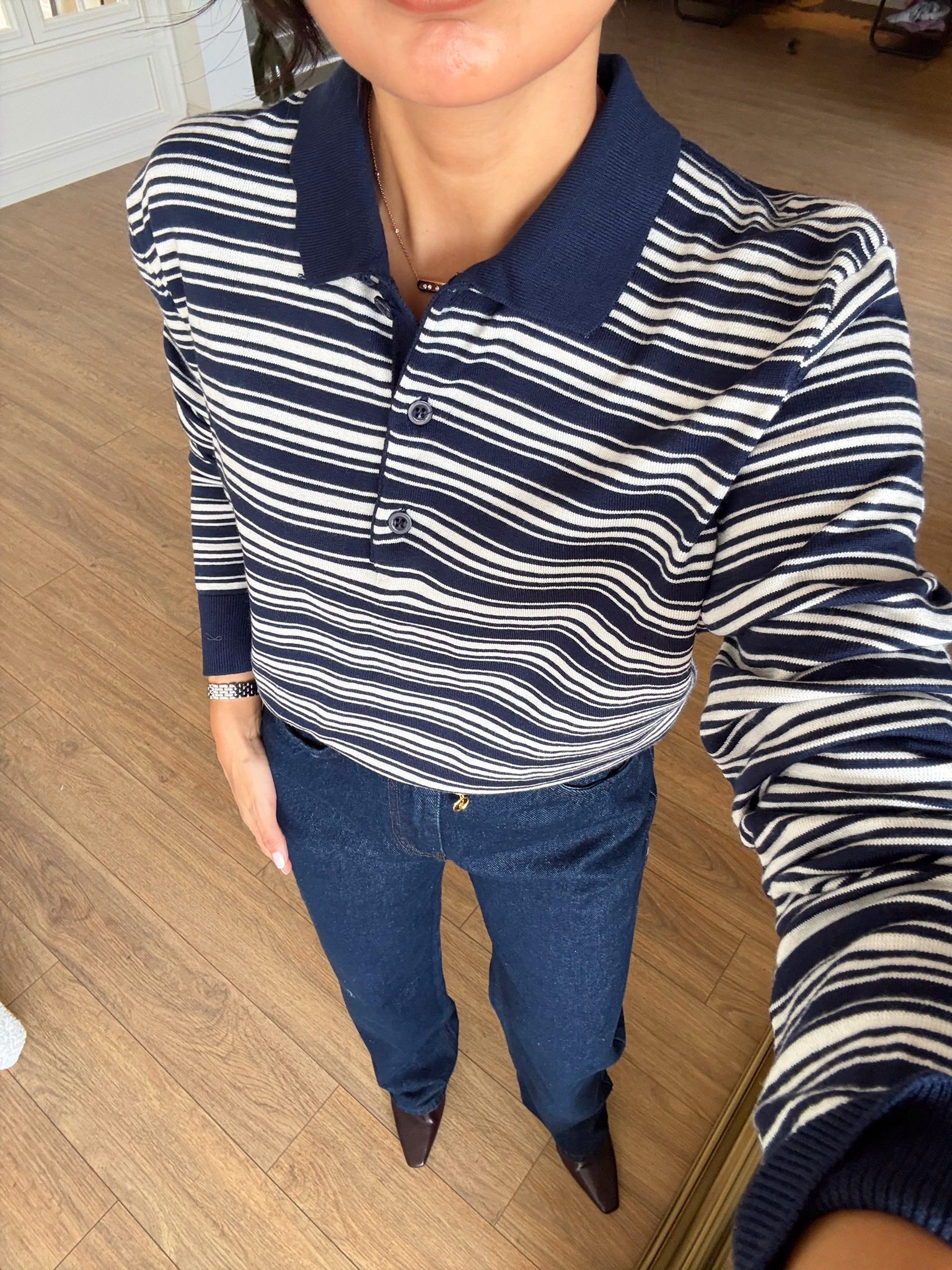 Edith Çizgili Uzun Kollu Polo Yaka Triko - Lacivert-Ekru, Standart