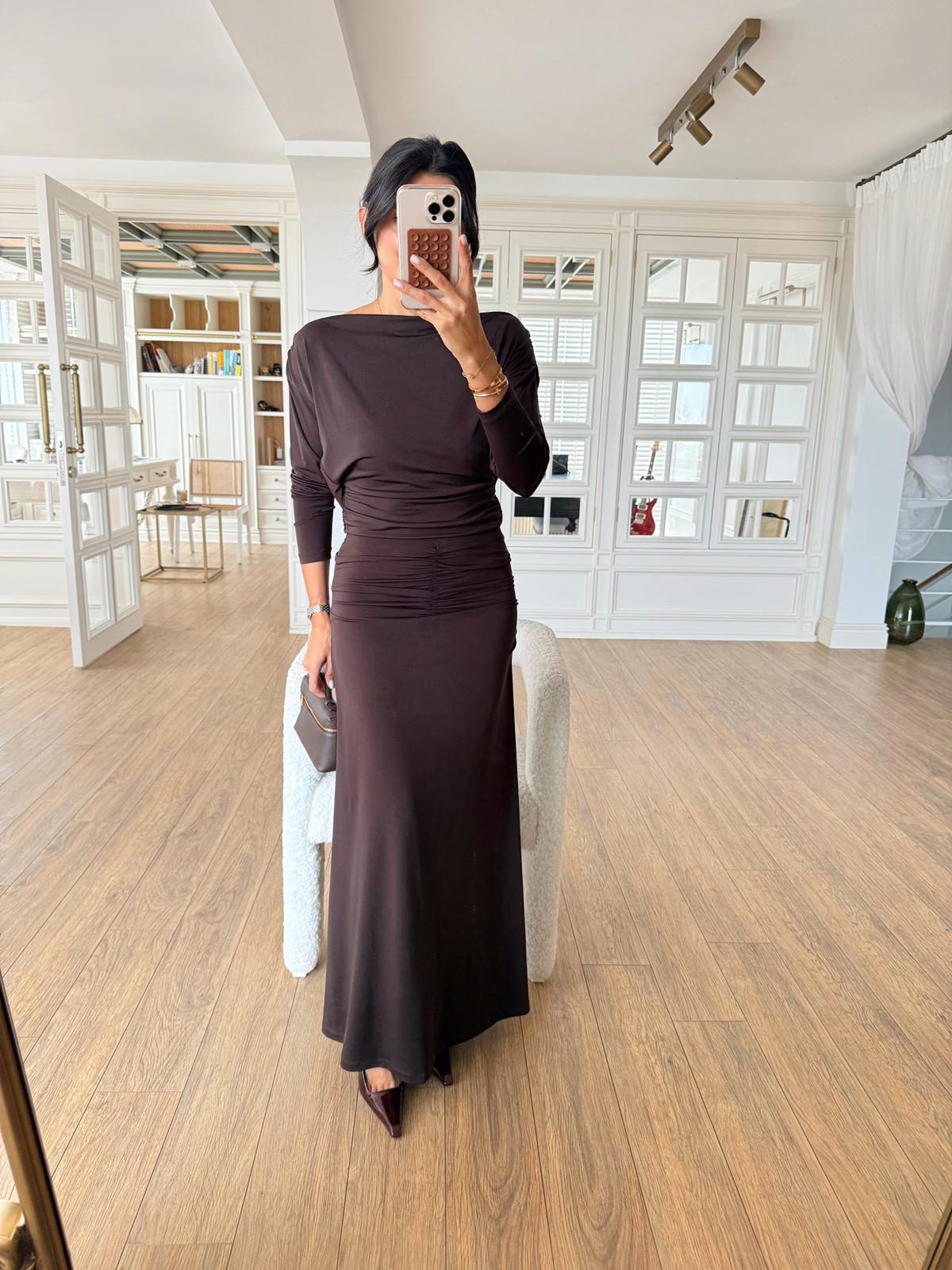 Vestidos Zincir Detaylı Sırt Dekolteli Bluz Yanları Drapeli Etek Takım - Acı Kahve, 34