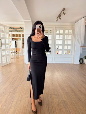 Jhan ZR Siyah Kare Yaka Yırtmaçlı Uzun Kol Jarse Elbise