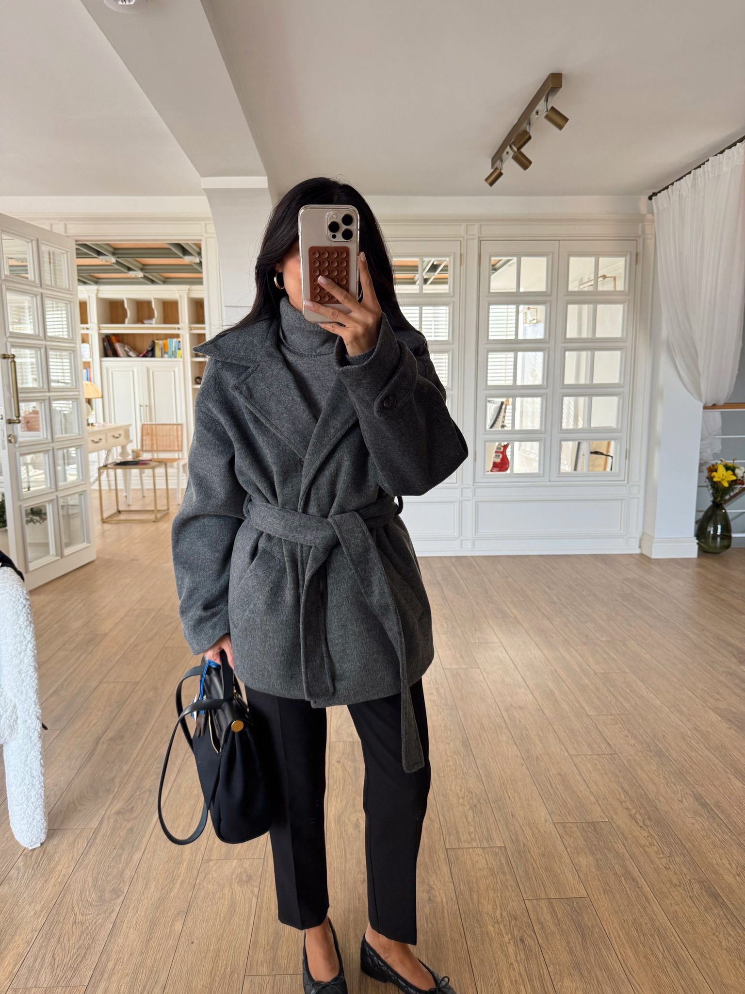 Neristo Kuşaklı Oversize Kaban - Antrasit, Standart