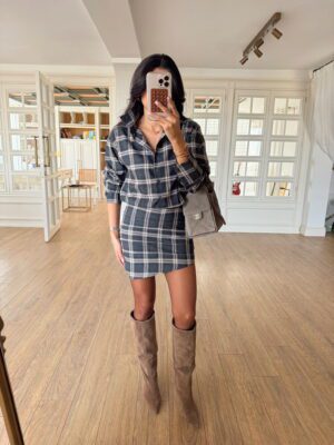 Alkos Eteği Drapeli Ekoseli Elbise