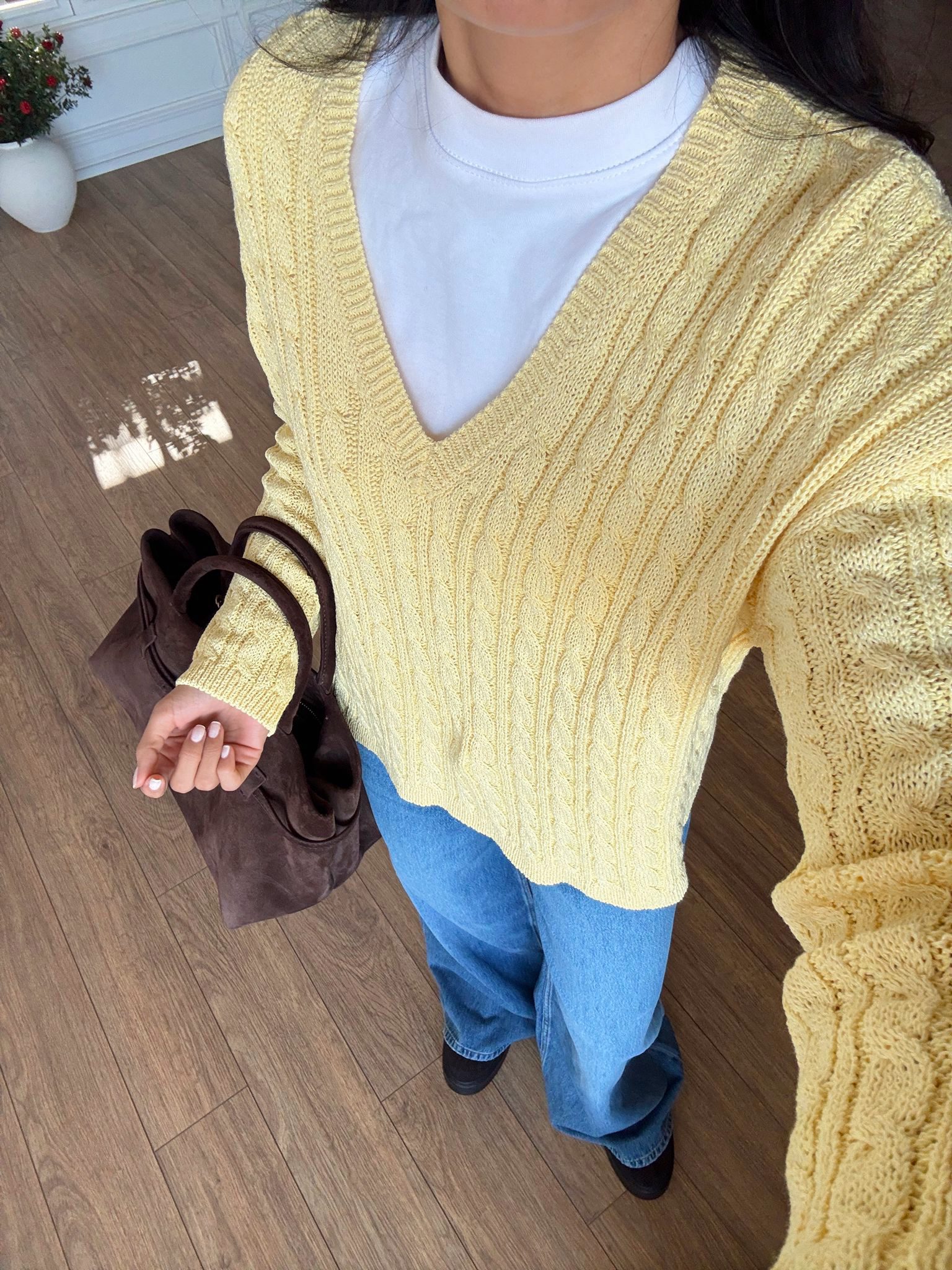 Bolga V Yaka Saç Örgü Detaylı Triko - Sarı, Standart