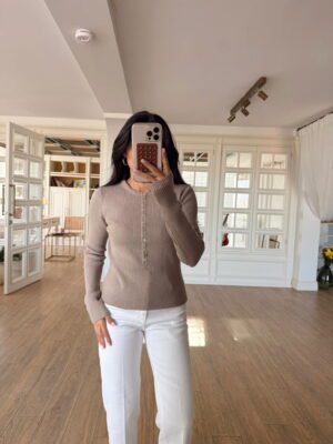 Stan Sedef Düğmeli Bisiklet Yaka Yünlü Triko