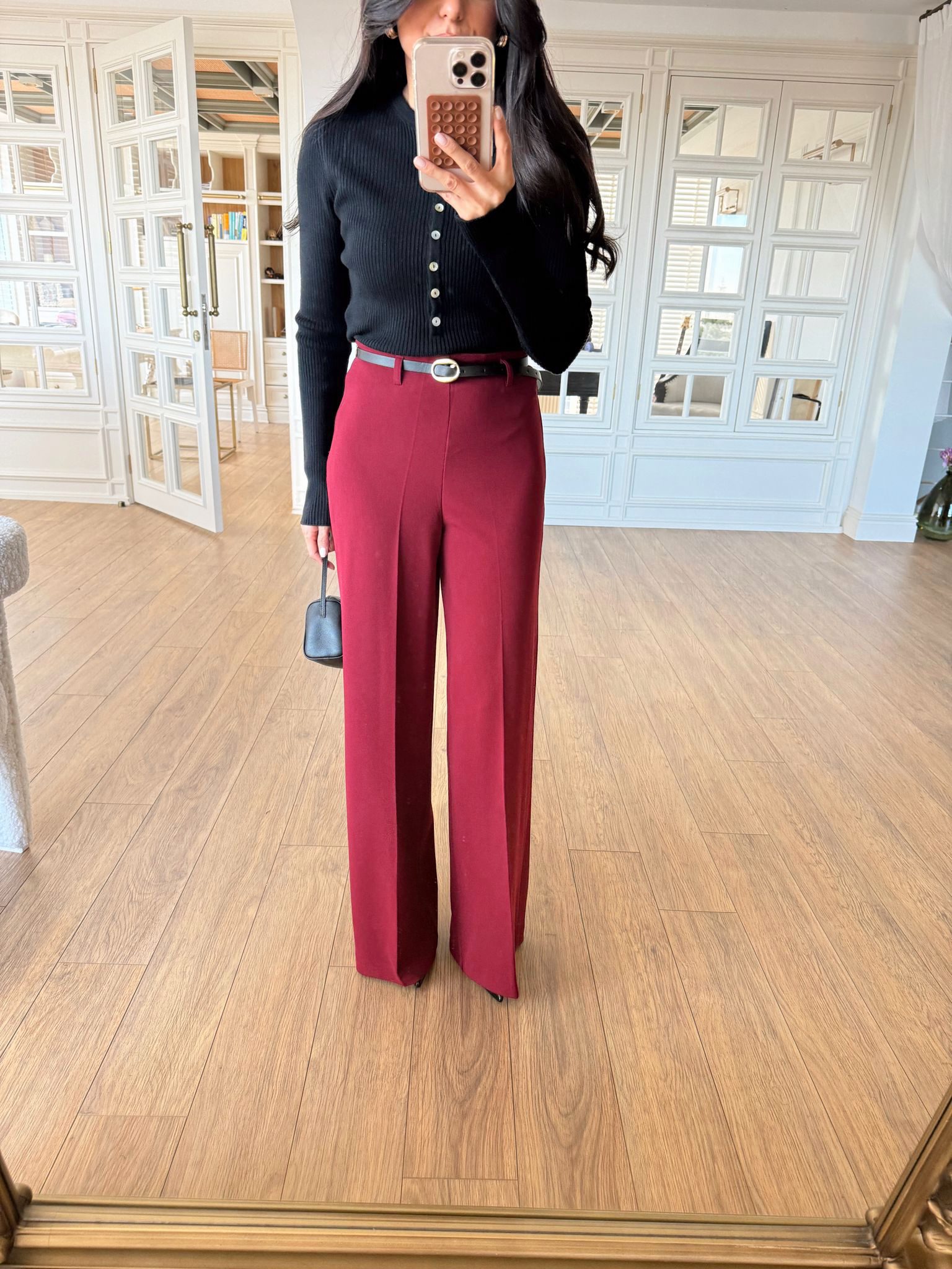 Merolin Kemerli Yan Fermuarlı Geniş Paça Pantolon - Bordo, 34