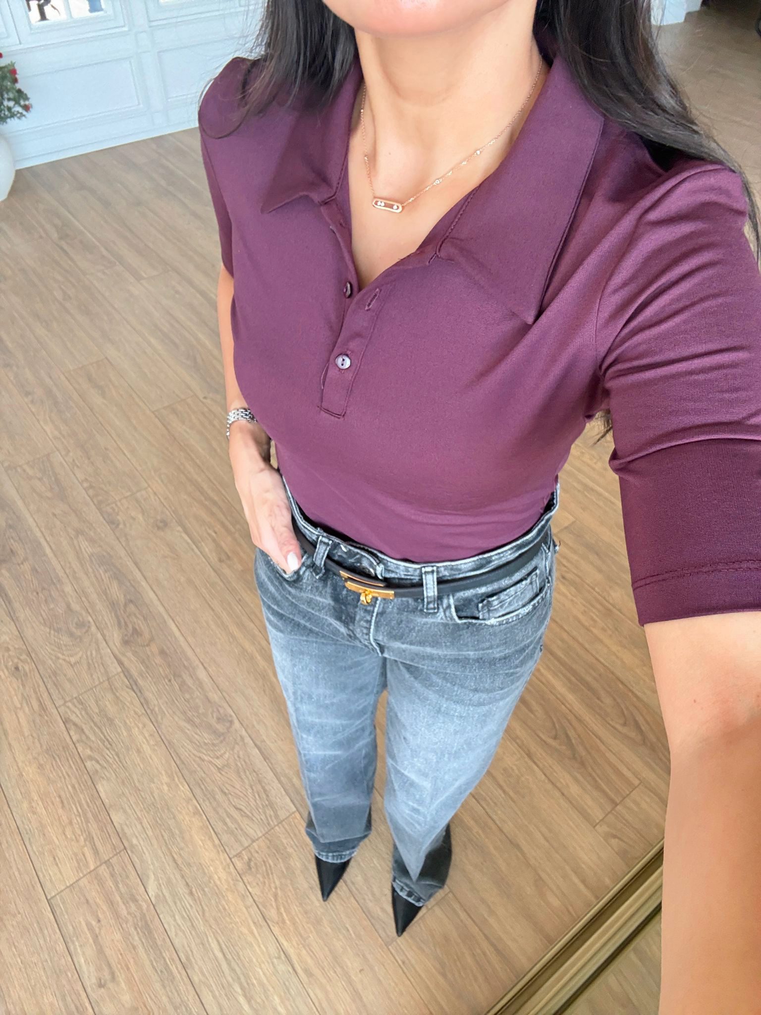 Peoky Kısa Kol Polo Yaka Bodysuit - Mürdüm, 36