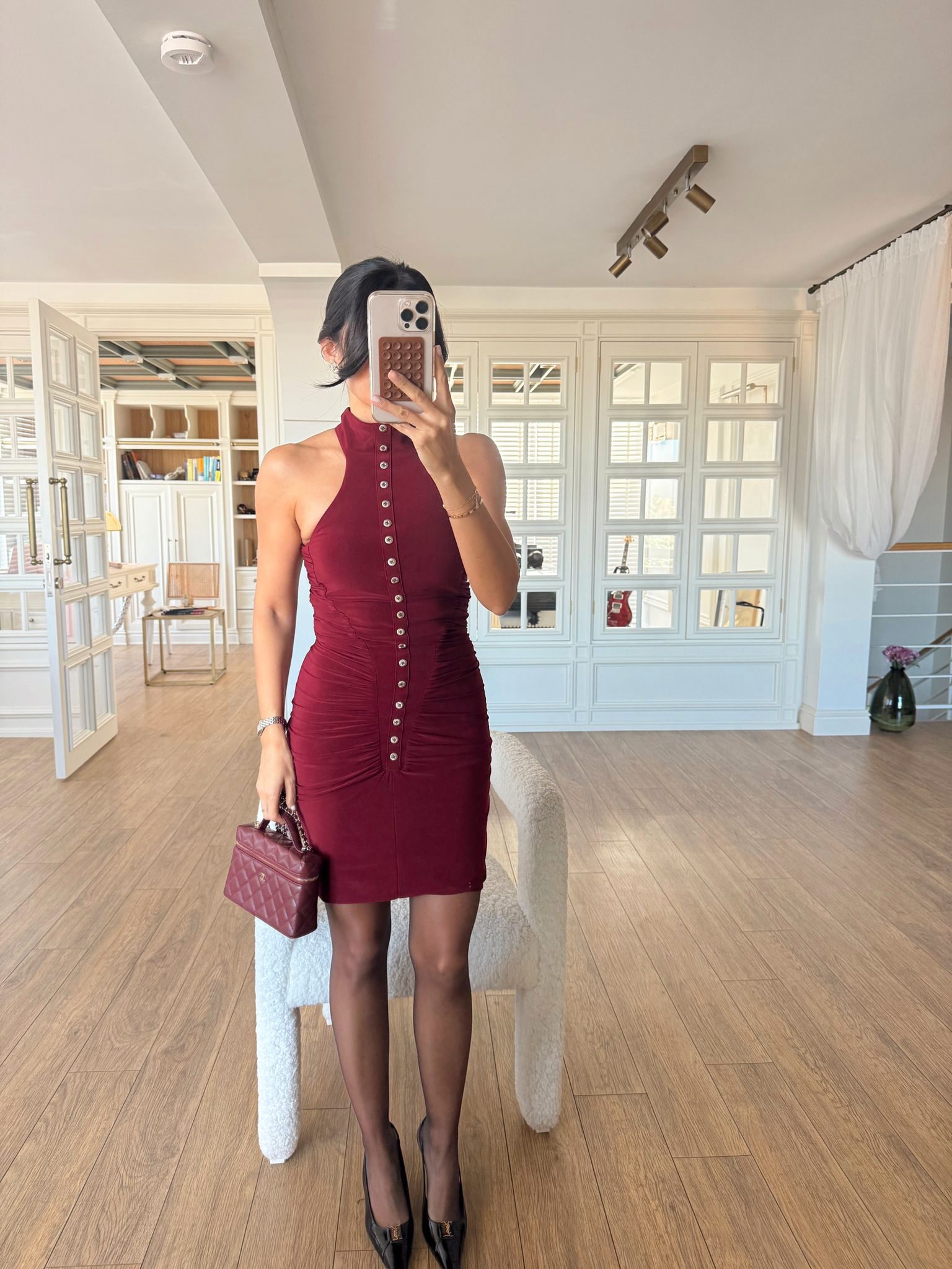 Düğme Detaylı Halter Yaka Drapeli Mini Elbise