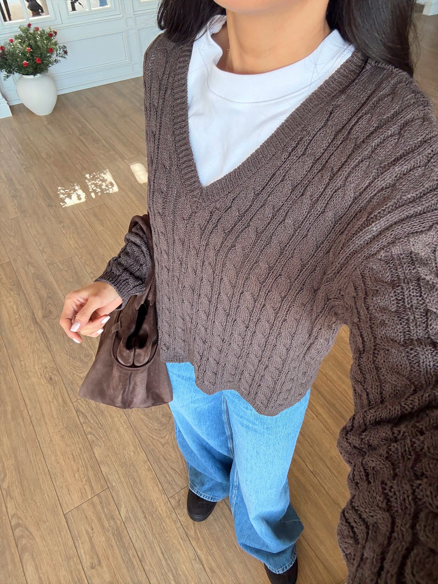 Bolga V Yaka Saç Örgü Detaylı Triko - Kahve, Standart