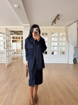 Netewon Sisley Koyu Lacivert Çift Cep Detaylı Çıt Çıt Düğmeli Jean Gömlek