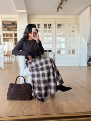 Elias Kahve-Vizon Ekoseli Arka Fermuar Detaylı Midi Etek