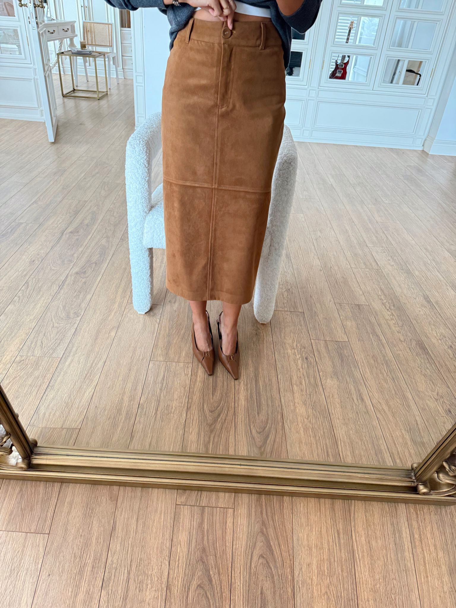 Omayra Süet Arka Yırtmaç Detaylı Midi Etek