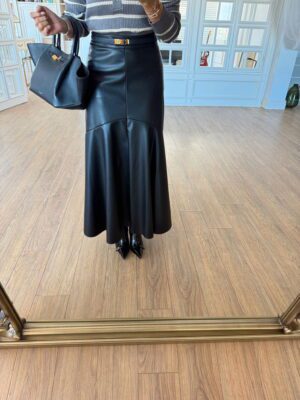 Optimus Siyah Dikiş Detaylı Maxi Deri Etek