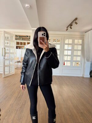 Erabor Siyah İçi Peluş Detaylı Düğmeli Deri Mont