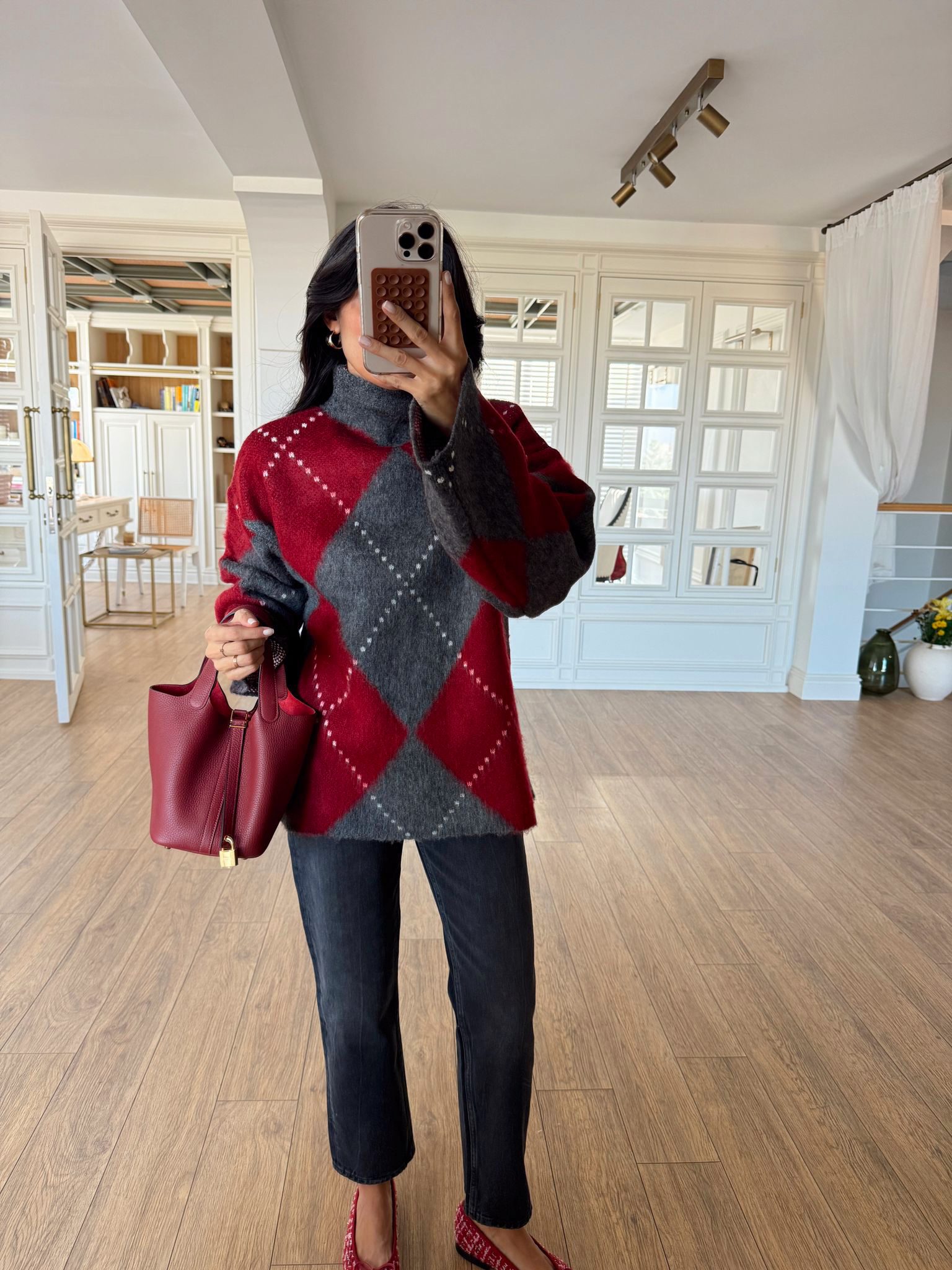 Dik Yaka Baklava Desen Triko - Bordo-Gri, Standart