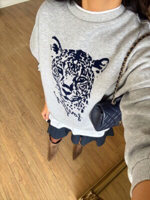 Olisa Gri Kaplan Baskılı Beyaz Biye Detaylı Baskılı Sweat