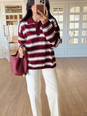 Terrabos Bordo-Ekru Çizgili Polo Yaka Triko