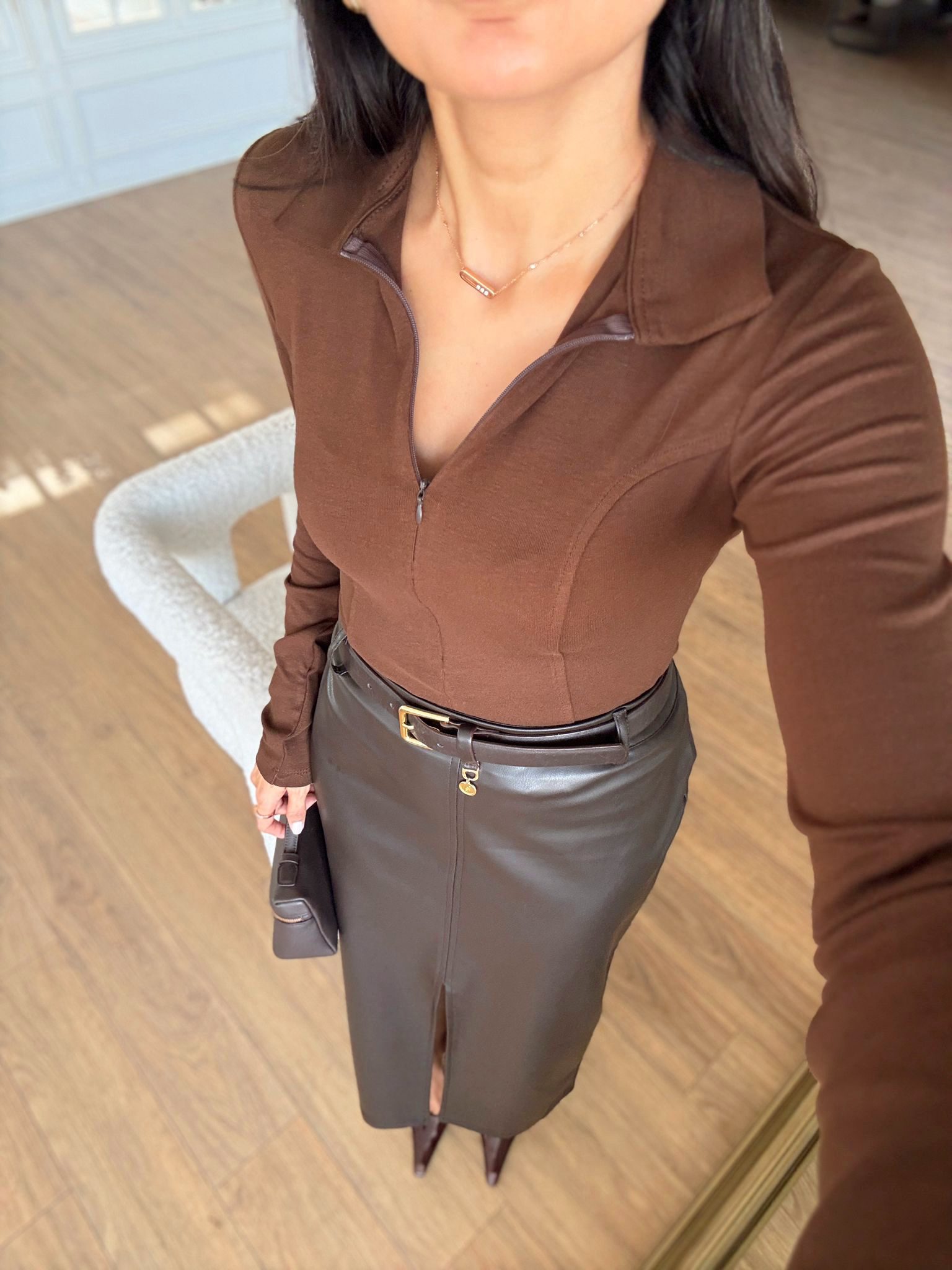 Esvatie Fermuarlı Polo Yaka Body - Kahve, 36