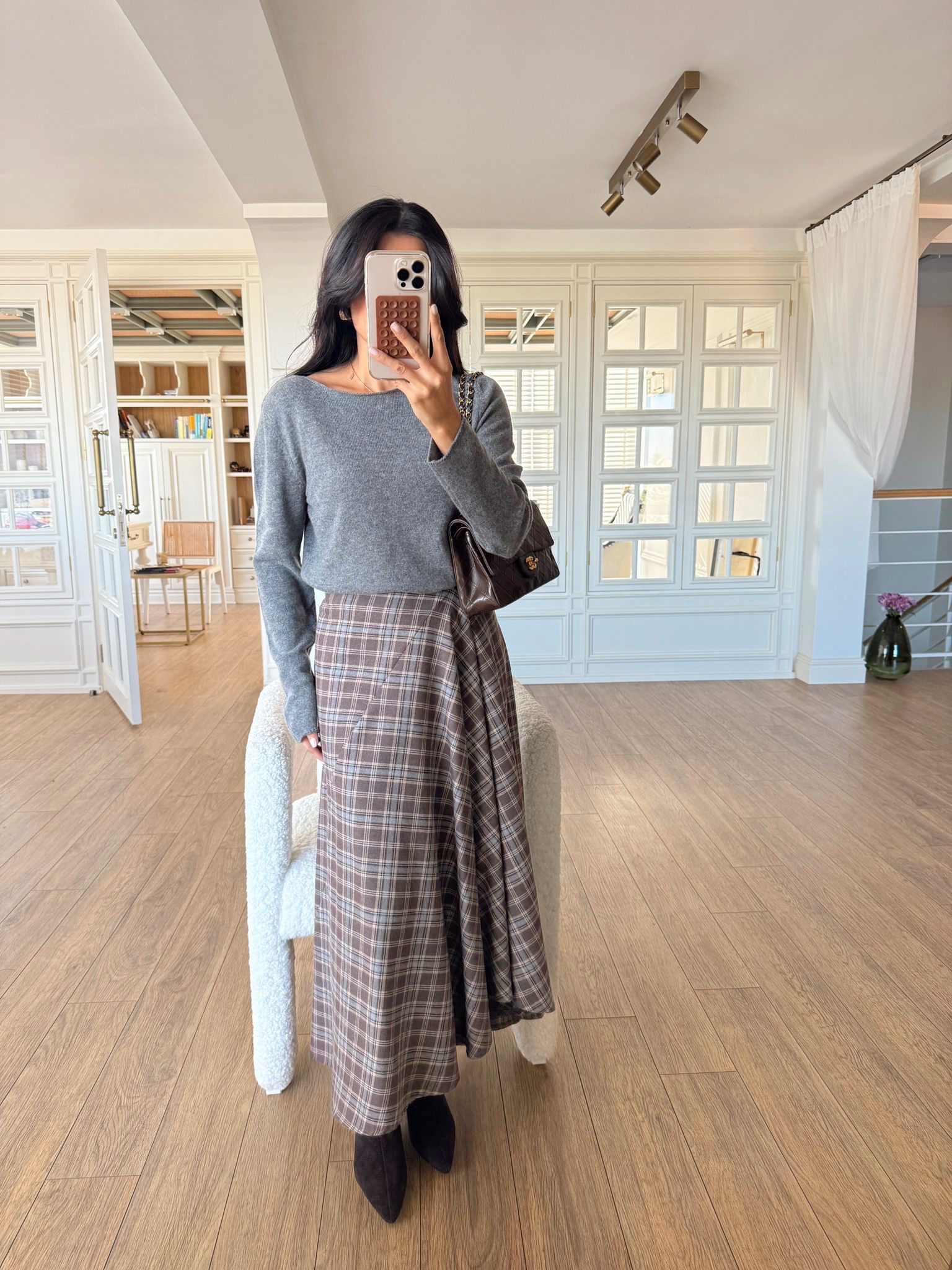 Sasha İnce Pile Detaylı Ekoseli Midi Boy Etek