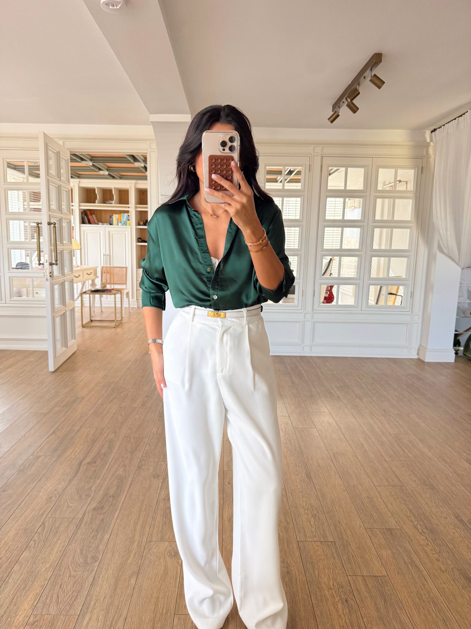 Stars Sedef Düğmeli Saten Gömlek - Zümrüt Yeşili, 34