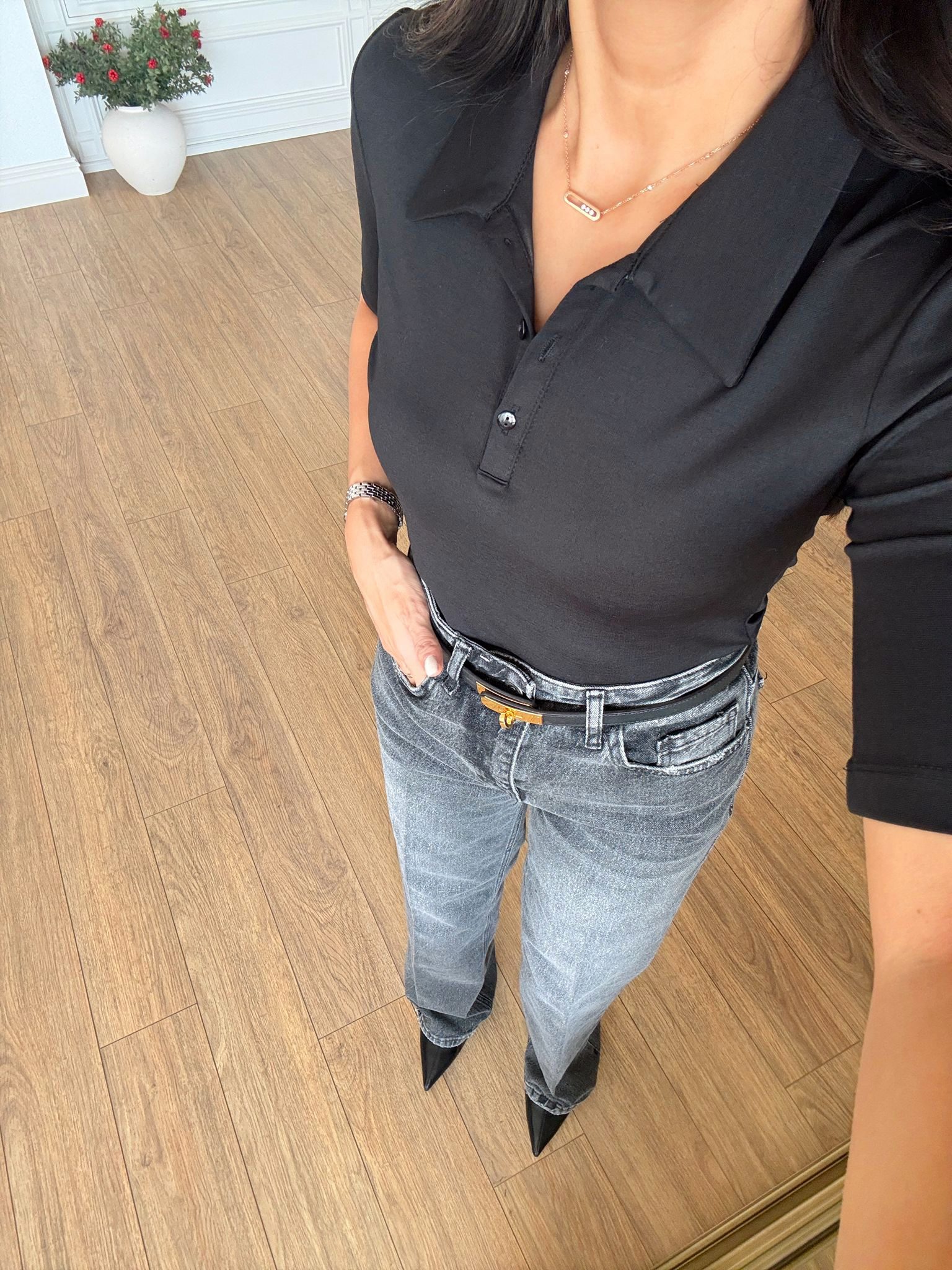 Peoky Kısa Kol Polo Yaka Bodysuit - Siyah, 36