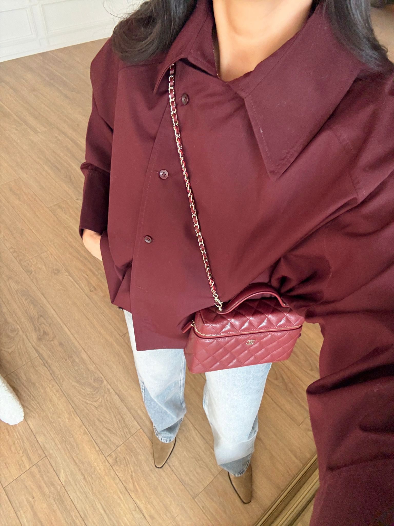 Orka Yan Düğme Detaylı Reglanlı Poplin Gömlek - Bordo, Standart