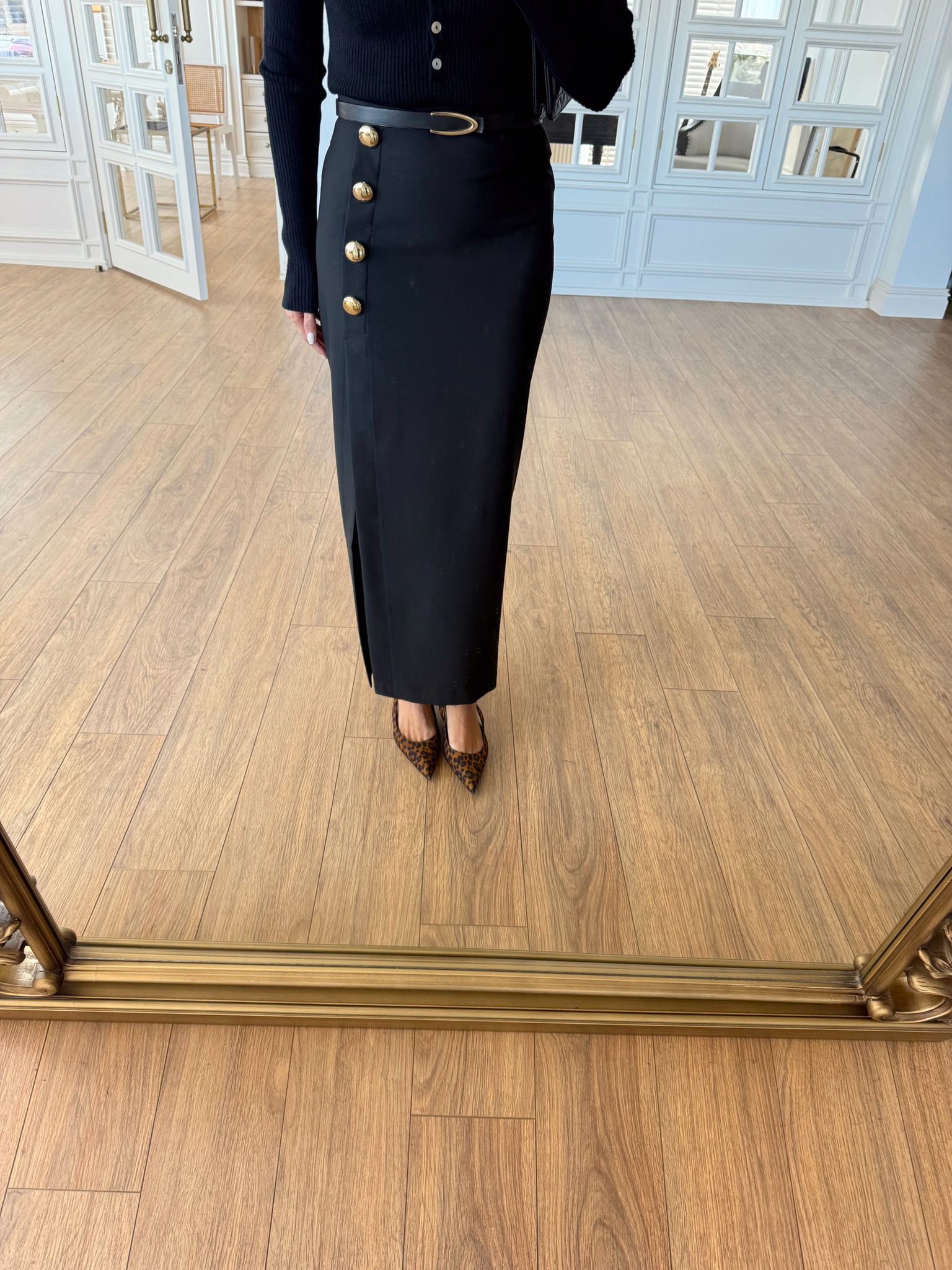 Napolina More Gold Düğmeli Yan Yırtmaçlı Kalem Etek - Siyah, 36