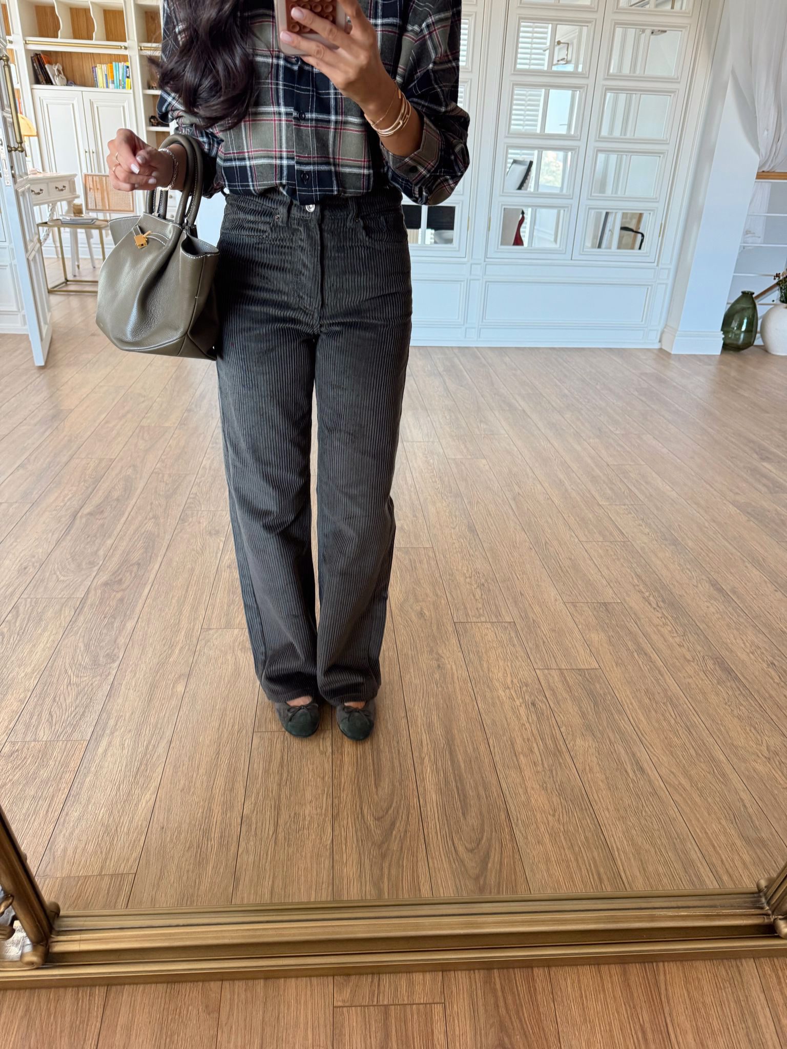 Orisbet ZR Gümüş Düğmeli Straight Kadife Pantolon - Haki, 34