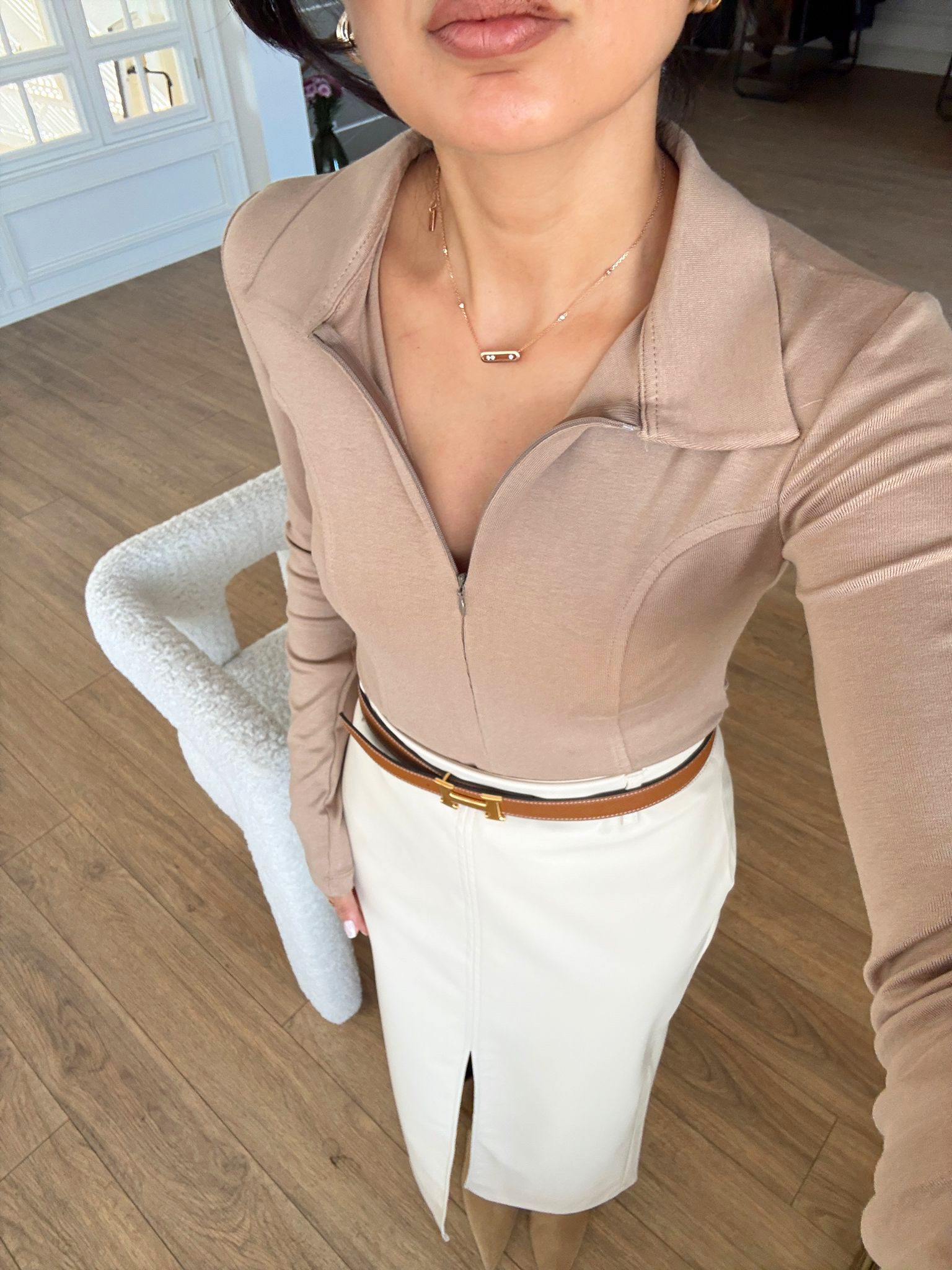 Esvatie Fermuarlı Polo Yaka Body - Vizon, 36