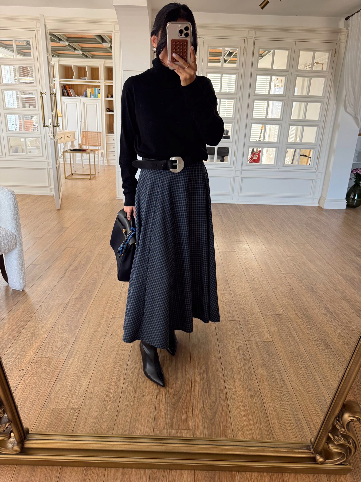 Kontiz Bel Biye Detaylı Ekoseli Midi Boy Etek