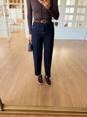 Kahve Süet Kemerli Koyu Lacivert Mom Jean