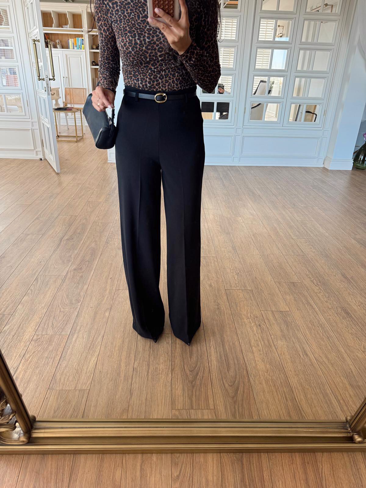 Merolin Kemerli Yan Fermuarlı Geniş Paça Pantolon - Siyah, 34