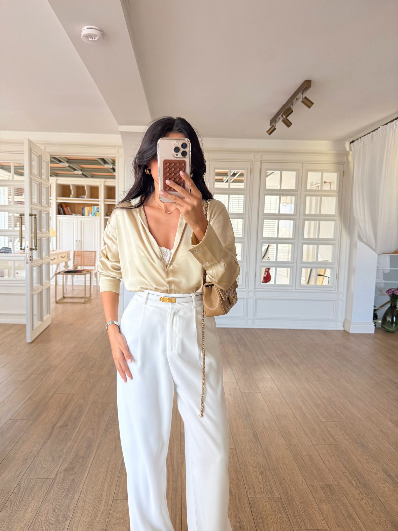 Stars Sedef Düğmeli Saten Gömlek - Gold, 34