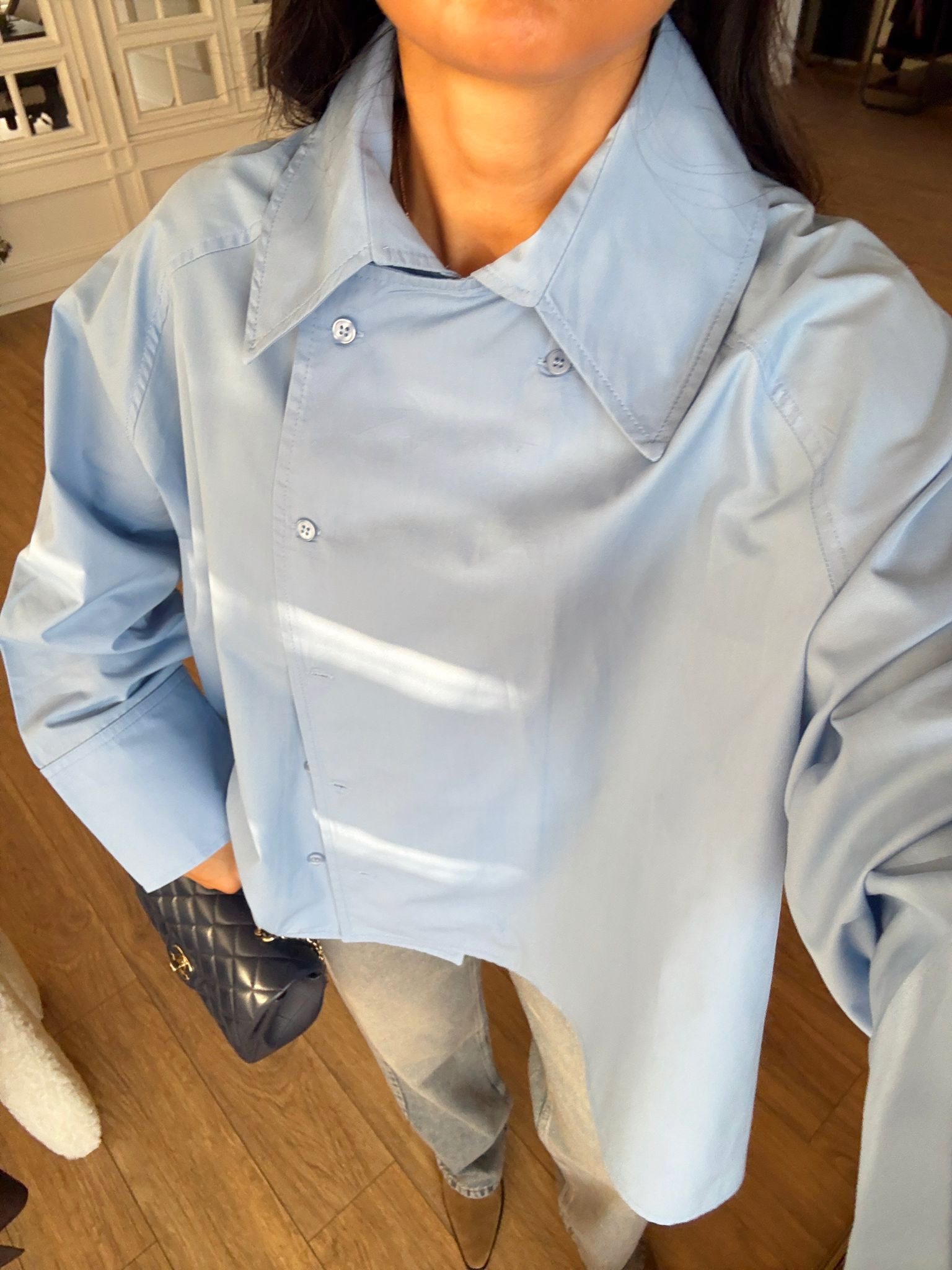 Orka Yan Düğme Detaylı Reglanlı Poplin Gömlek - Mavi, Standart