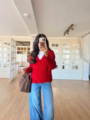 Bolga V Yaka Saç Örgü Detaylı Triko