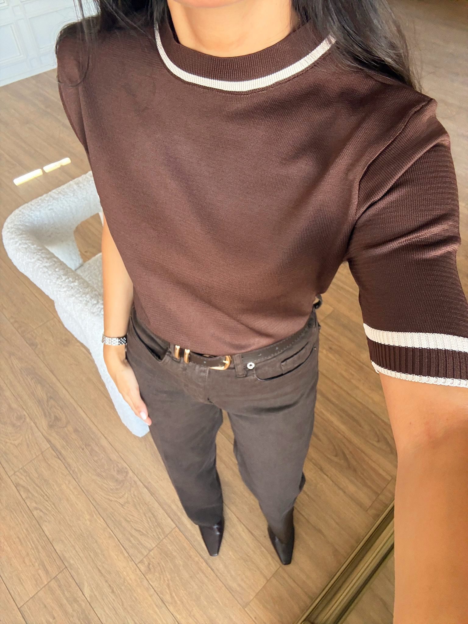 Pommy Biyeli Kısa Kol Triko - Kahve, Standart