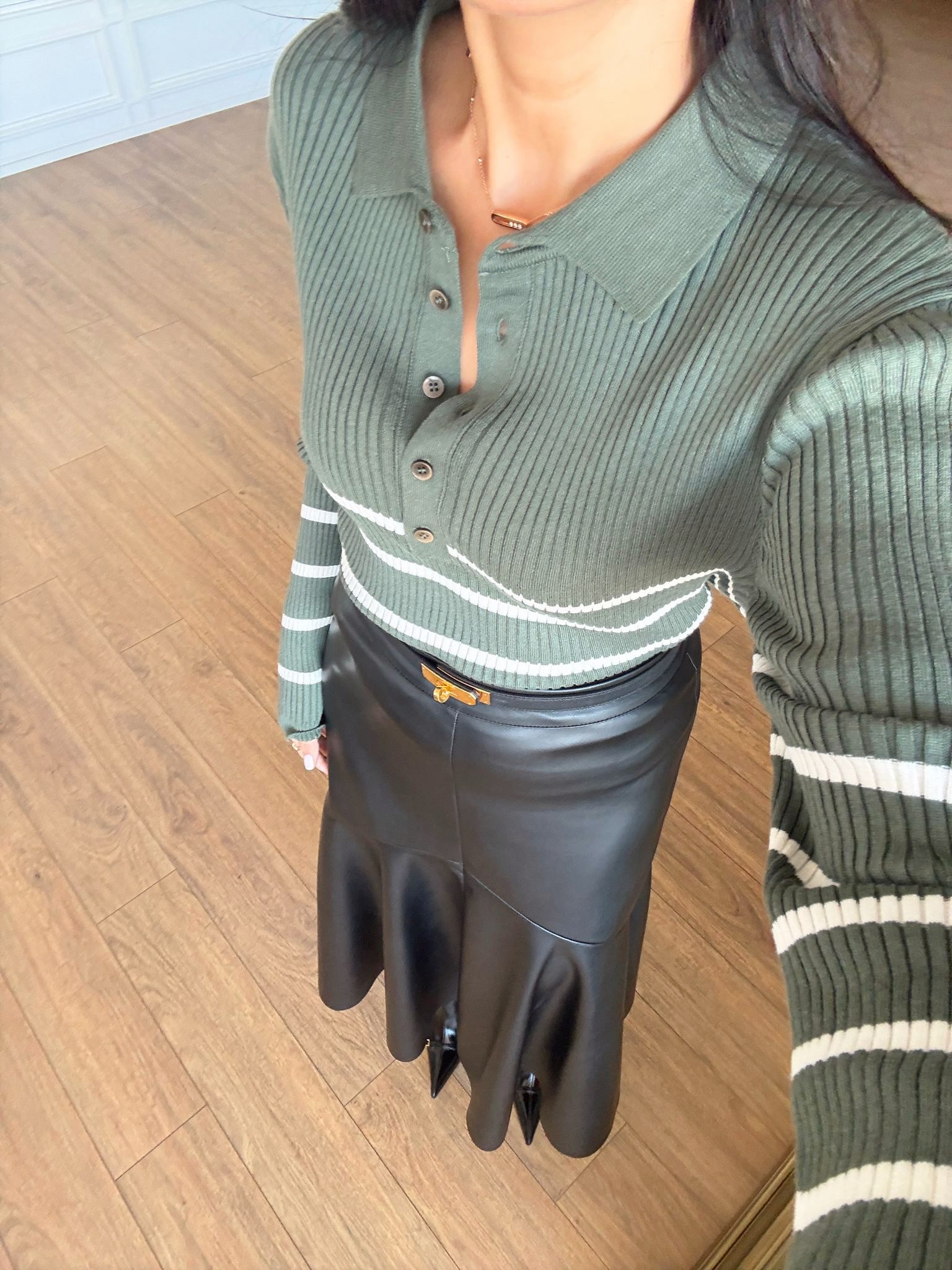 Triton Yarım Düğmeli Çizgili Fitilli Polo Yaka Triko - Yeşil, Standart